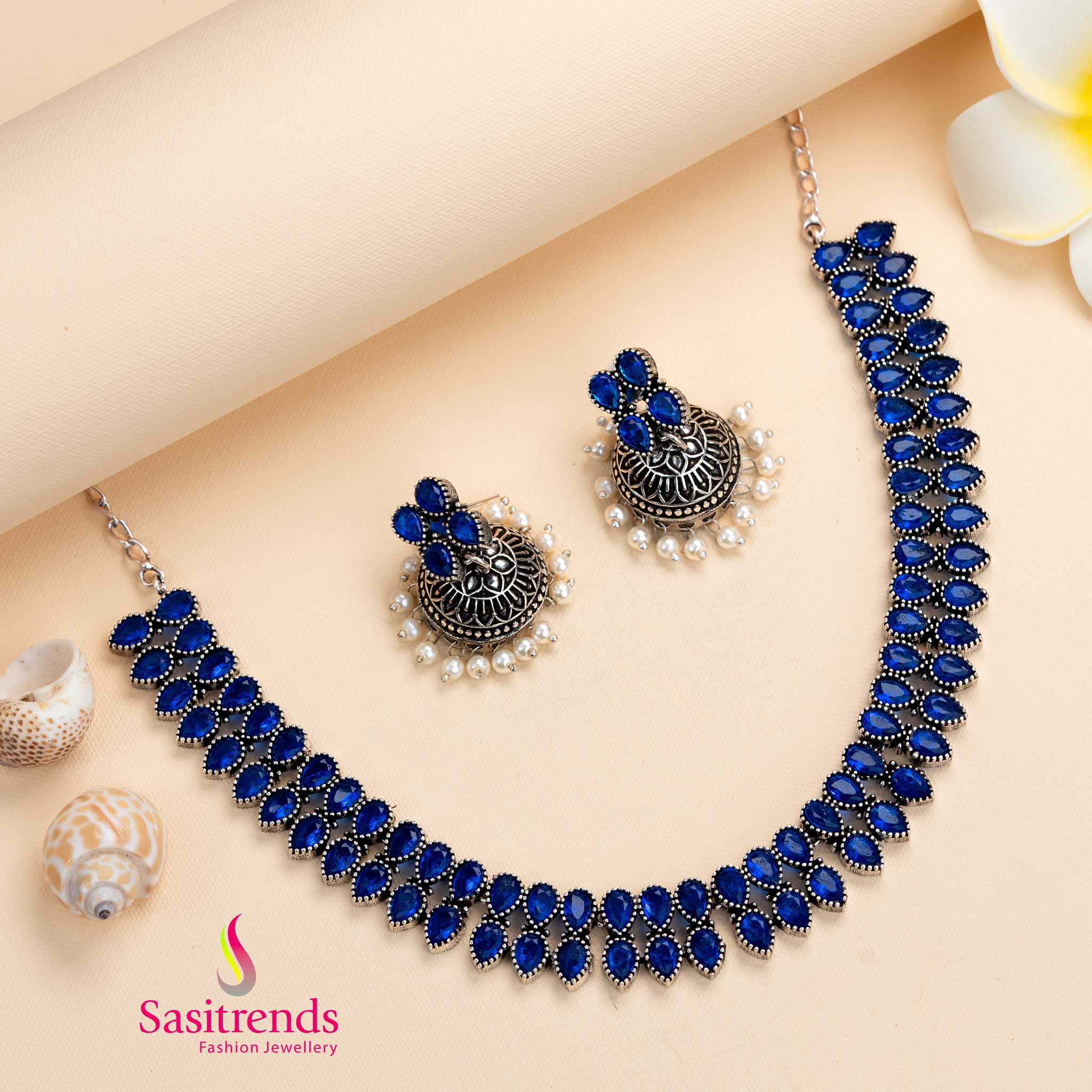 Latest Party Wear Oxidised Necklace with Pearl Jhumkas Stones Jewellery Set | Sasitrends - Image 8