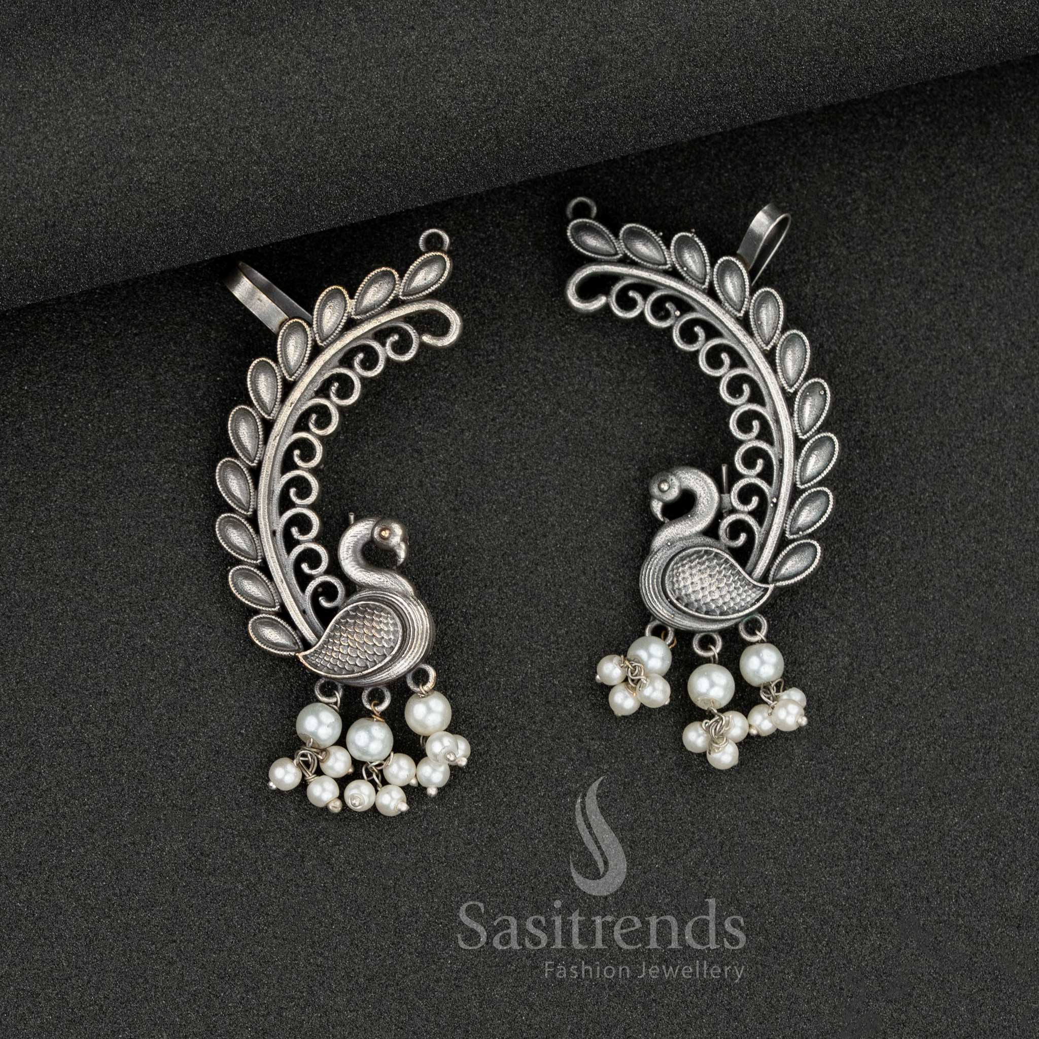 Antique Oxidised Peacock Design Ear Cuff Earrings with Pearls – Sasitrends
