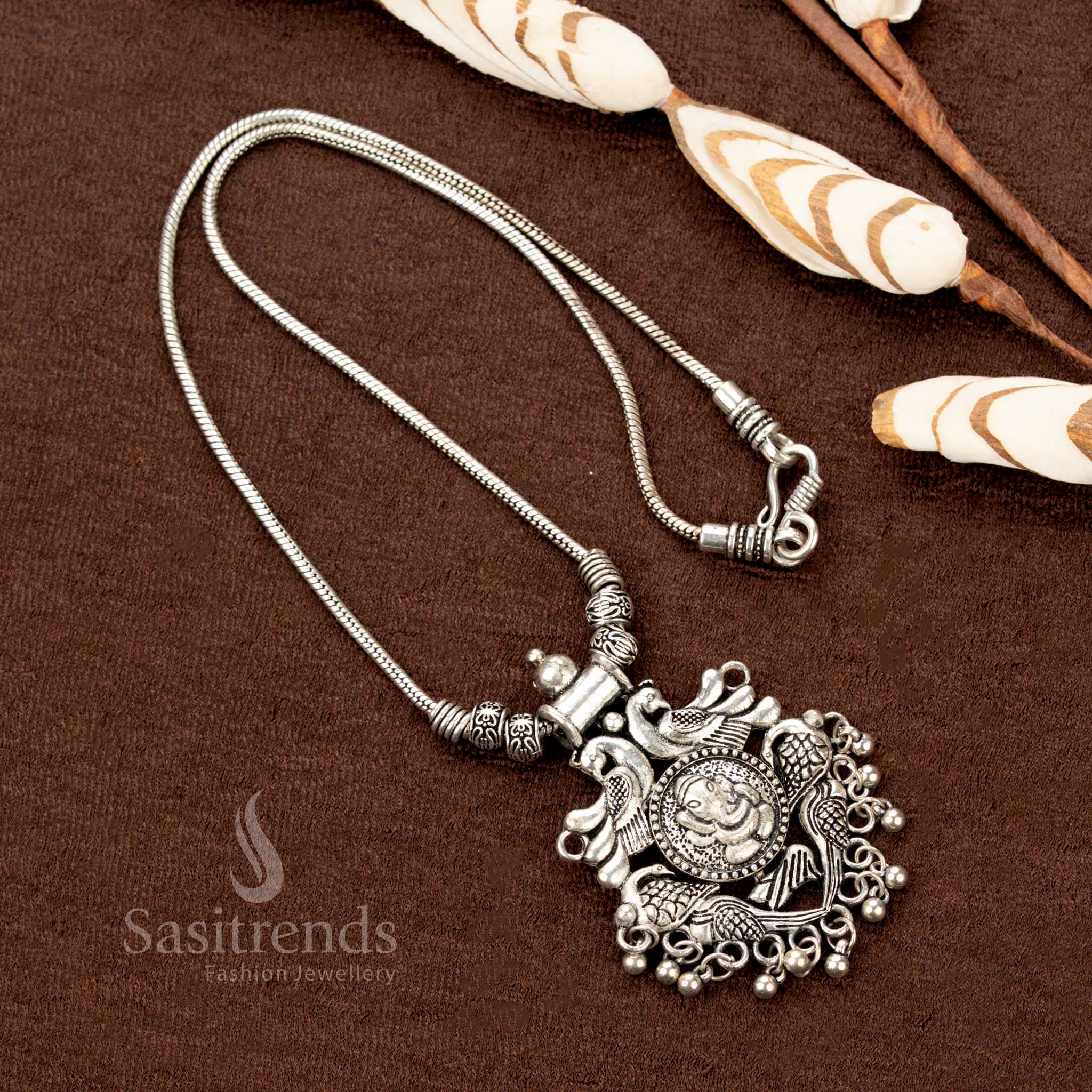 Beautiful Oxidised Silver Peacock and Ganesha Pendant Necklace with Ball Detailing – Traditional Temple-Inspired Jewellery - Sasitrends - Image 2