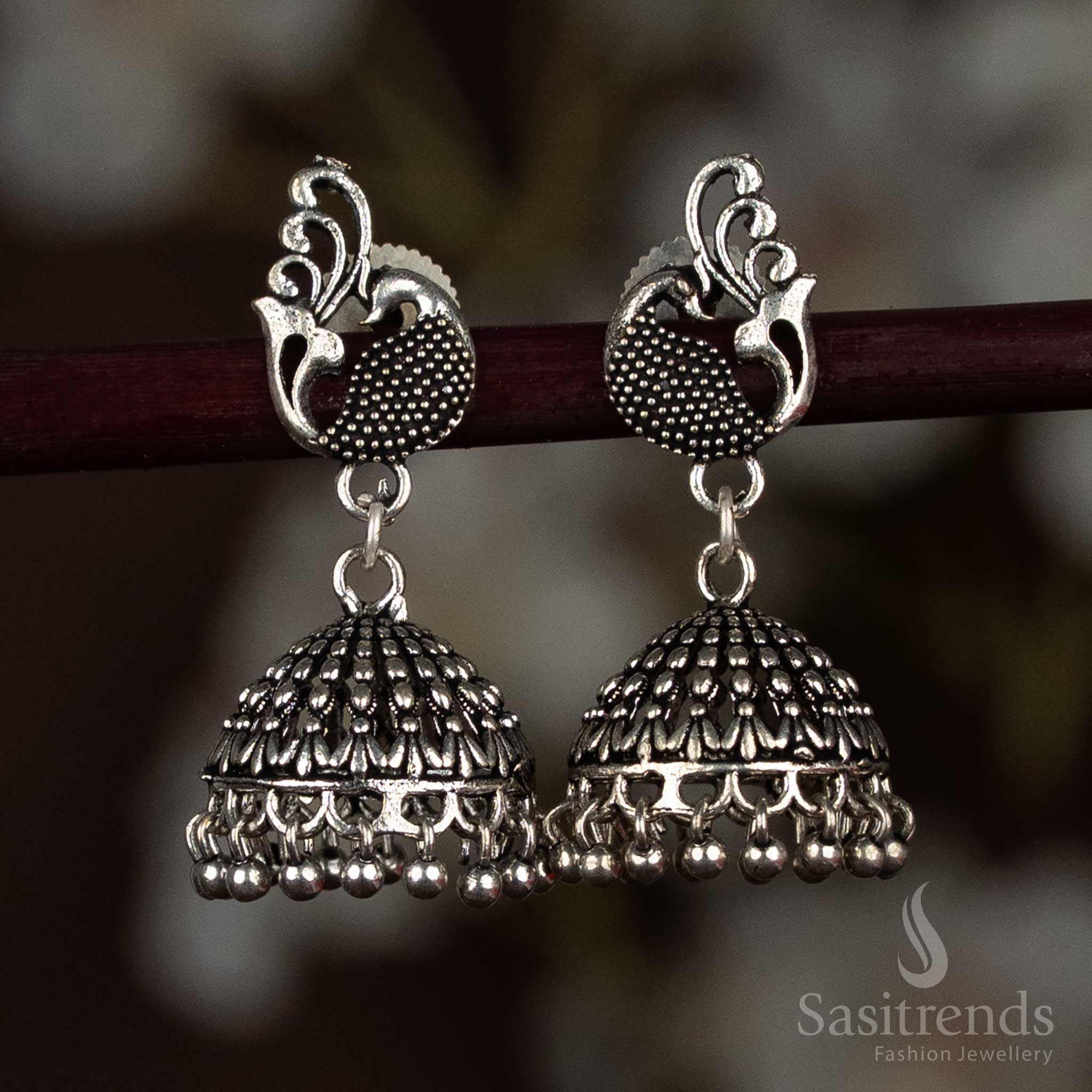 Oxidised Silver Jhumka Earrings with Carved Peacock Stud - Perfect For Ethnic Celebrations And Saree Styling  - Sasitrends