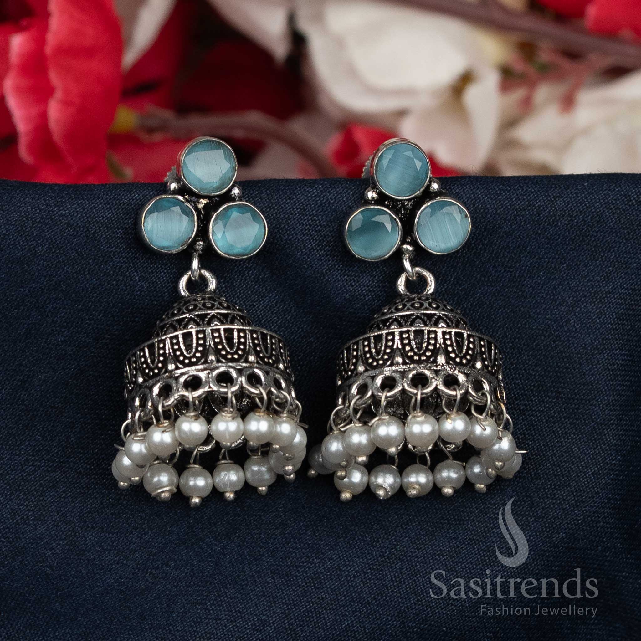 Oxidised Pearl Bead Cluster Jhumka Earrings with Sparkling Studs For Office Wear - Sasitrends - Image 5