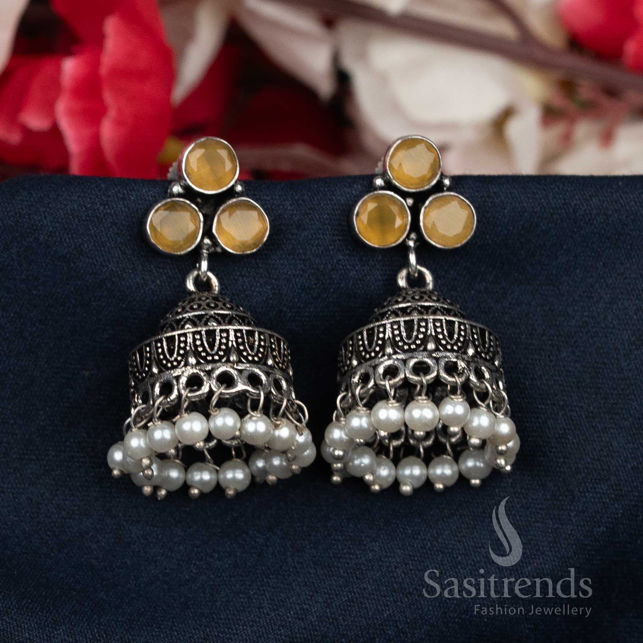 Oxidised Pearl Bead Cluster Jhumka Earrings with Sparkling Studs For Office Wear - Sasitrends - Image 6