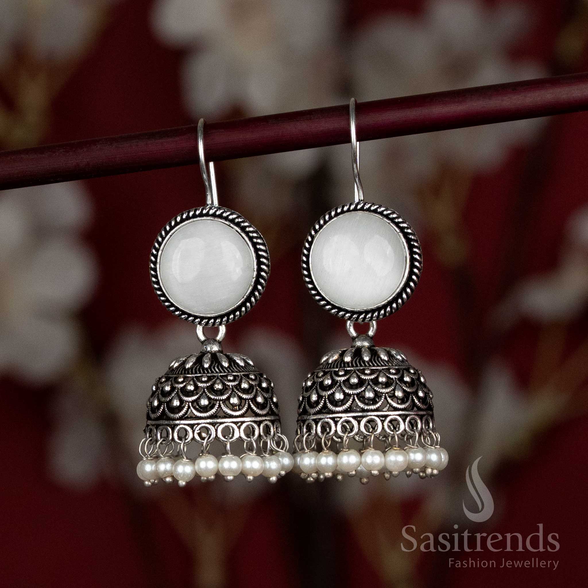 Oxidised Natural Stone Stud Pearl Drop Jhumka Earrings - Sasitrends - Image 4