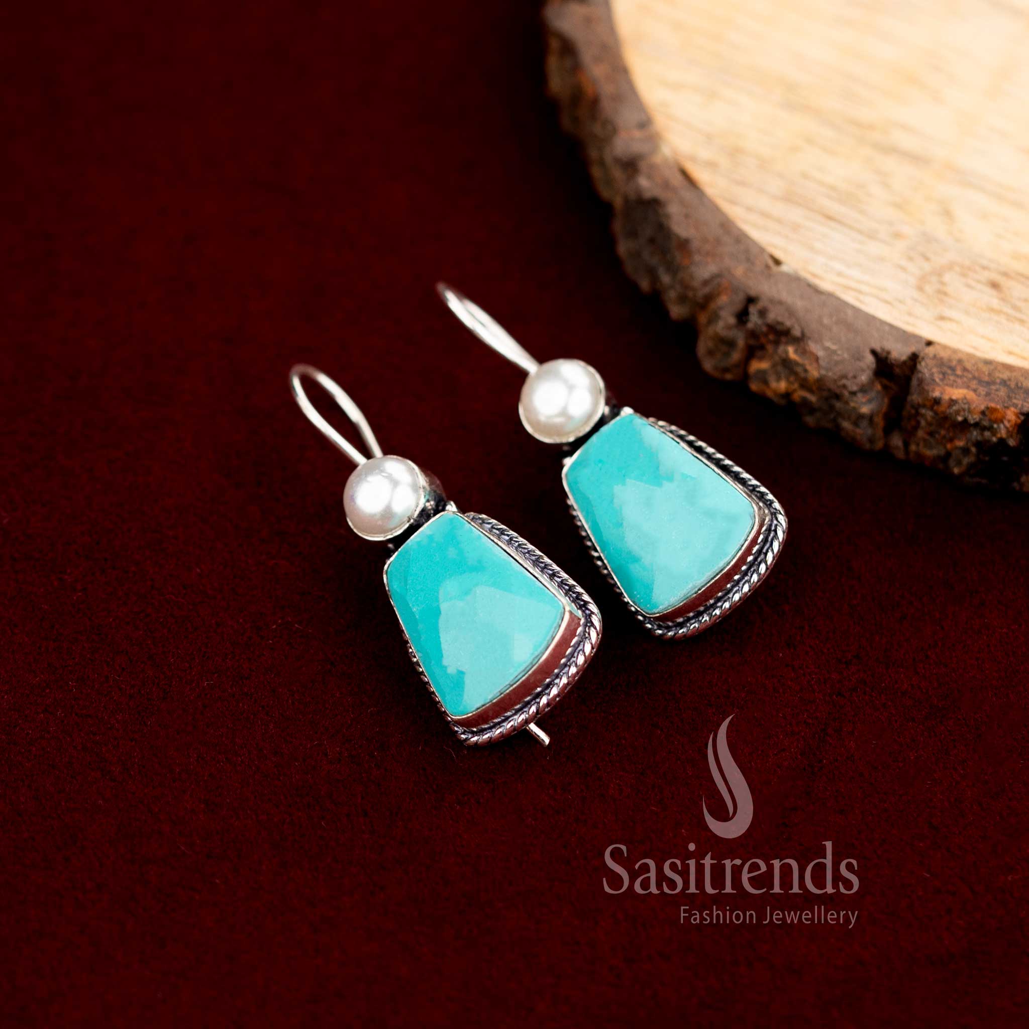 Oxidised Silver Drop Earrings with Pearl Top and Faceted Stone – Traditional Hook Design - Sasitrends - Image 7