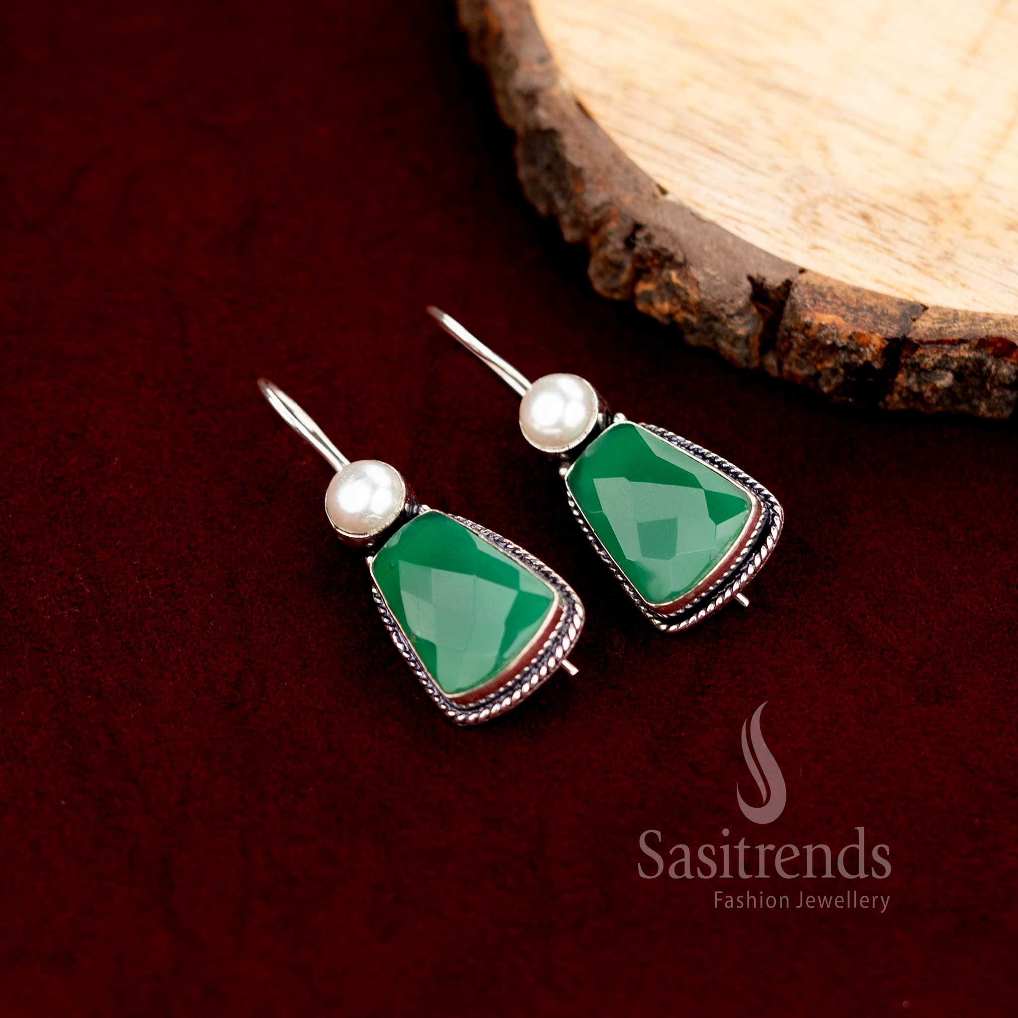 Oxidised Silver Drop Earrings with Pearl Top and Faceted Stone – Traditional Hook Design - Sasitrends - Image 8