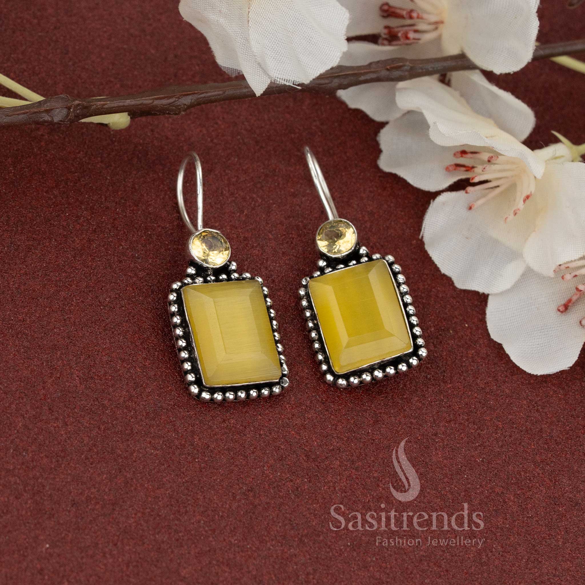 Gorgeous Office wear Oxidised Fish Hook Rectangular Natural Stone Earrings - Sasitrends - Image 3