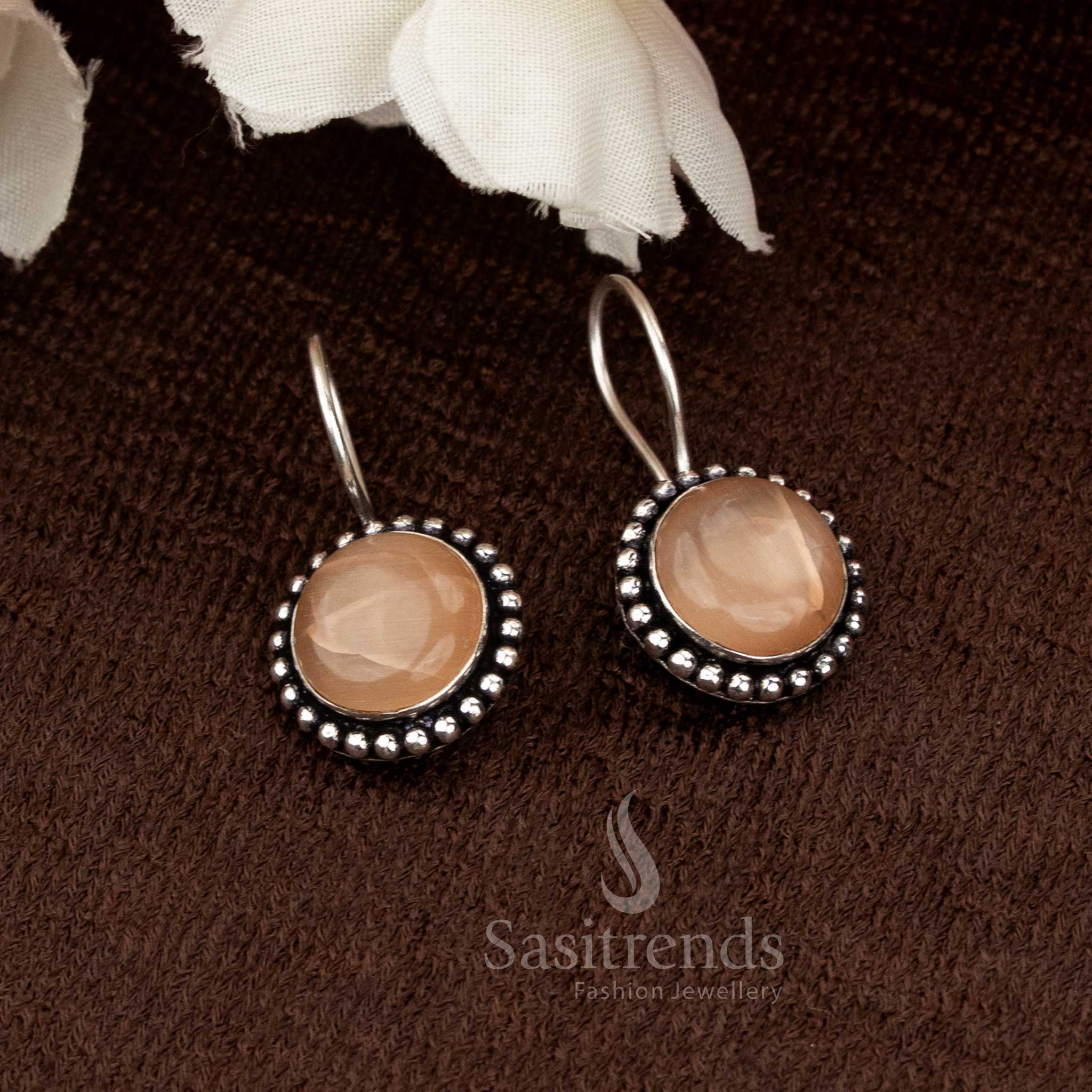 Elegant Daily wear Oxidised Round Natural Stone Fish Hook Earrings - Sasitrends - Image 13