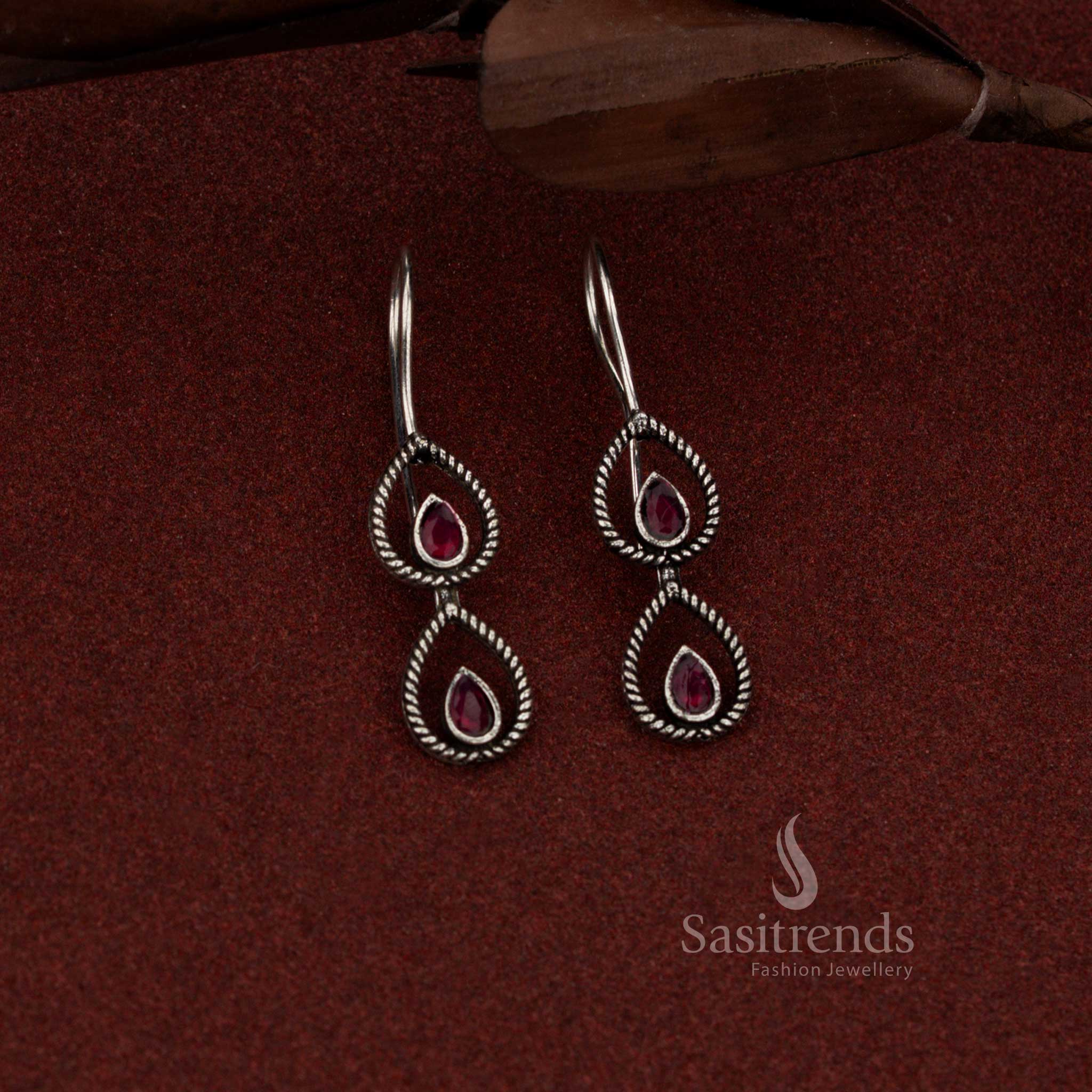 Oxidised Silver 2 Tier Teardrop Stone Fish Hook Earrings for Daily & Evening Wear - Image 6