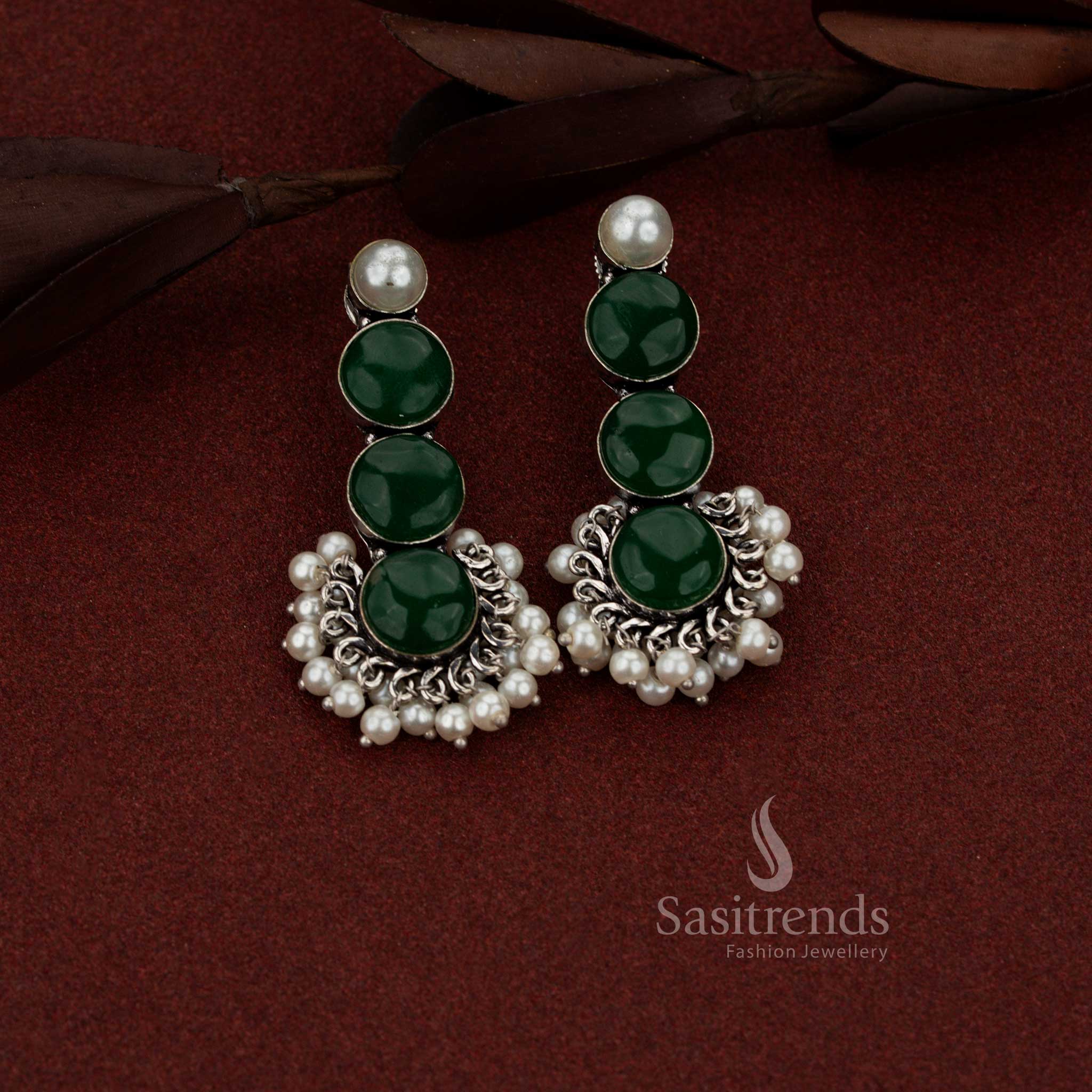 Elegant Oxidised Silver 3 Tier Round Stone with Pearl Drop Earrings for Office Wear - Image 7
