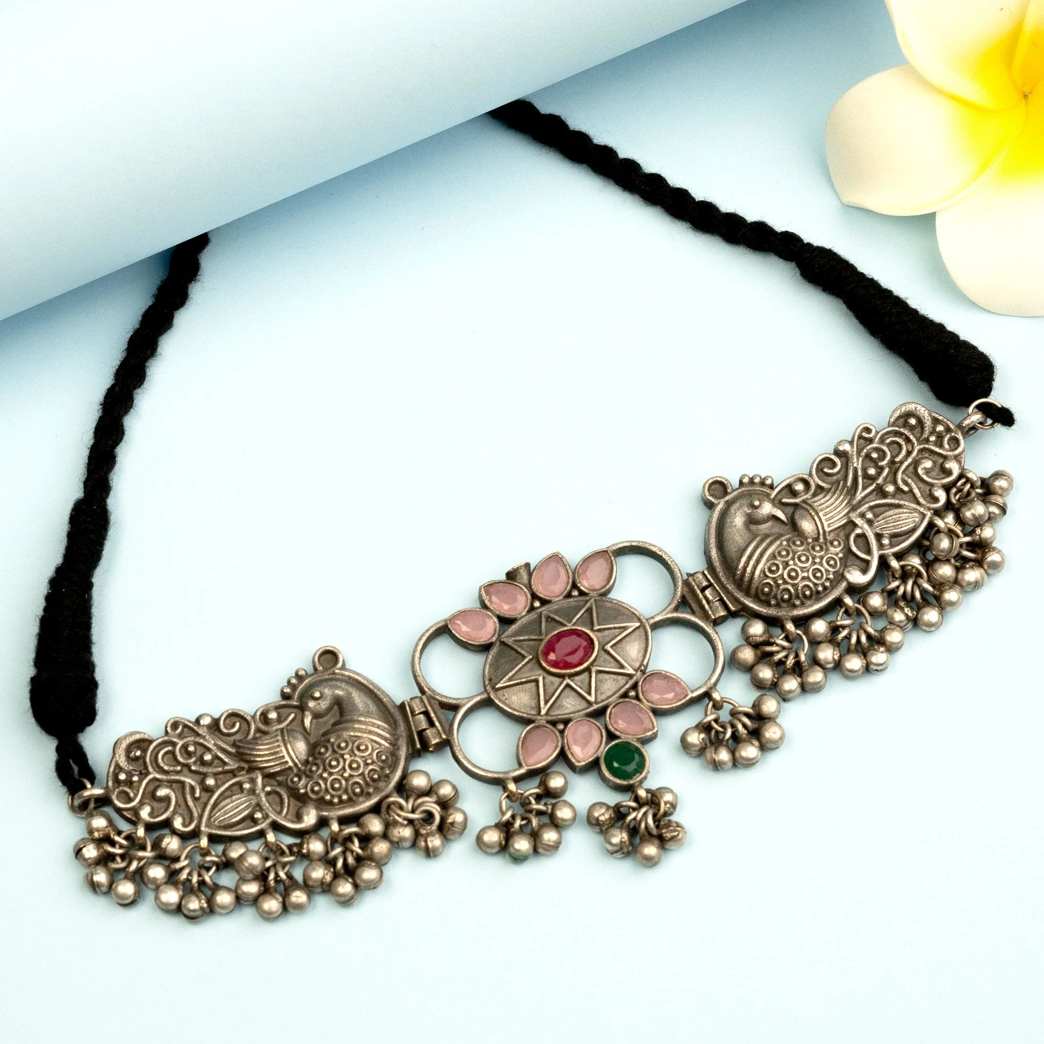 Peacock Oxidised Silver Look Like Choker Necklace with American Diamond  Stones | Sasitrends