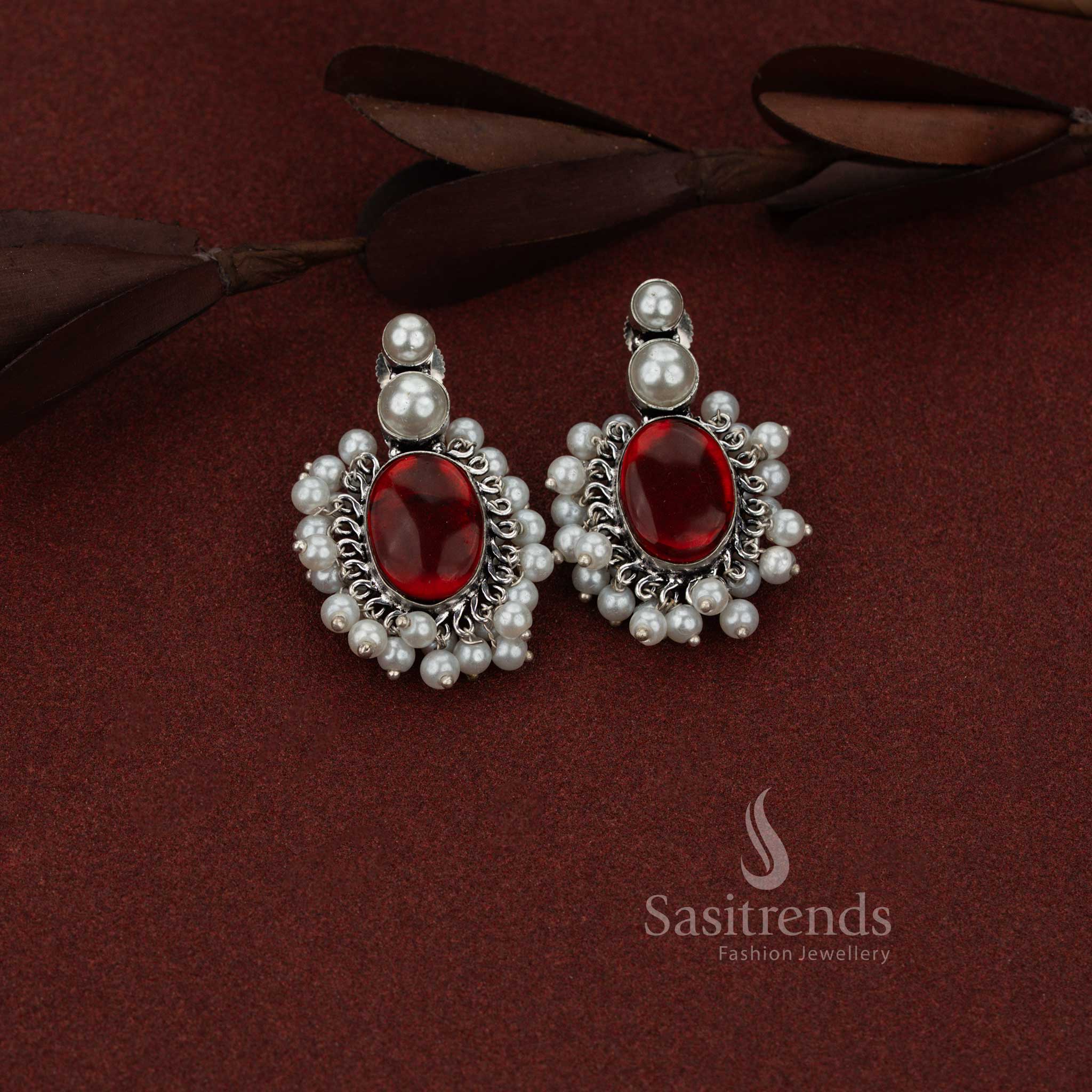 Elegant Oxidised Silver Double Pearl Top Oval Cluster Stud Earrings for Coffee Dates and Brunch Outings - Image 8