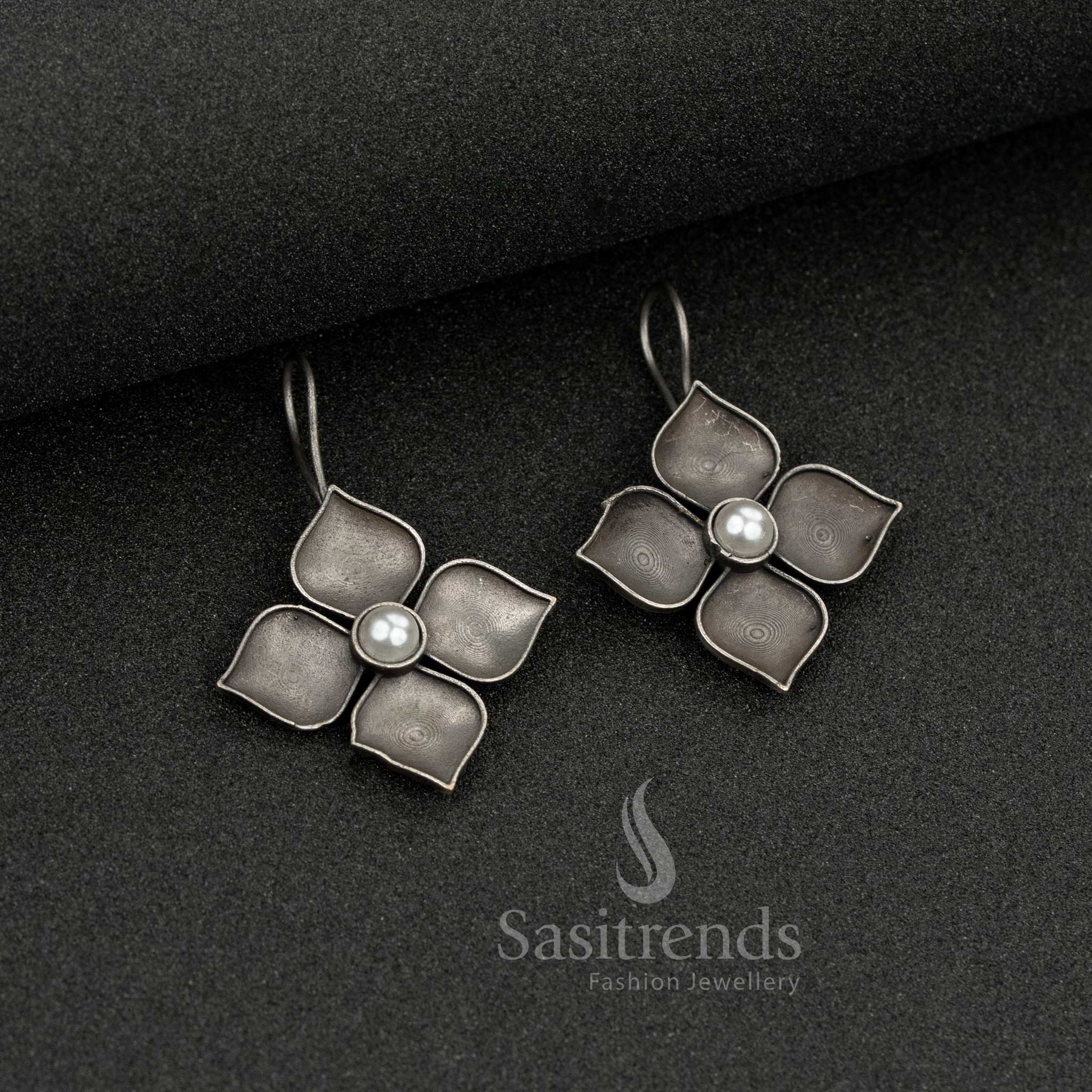 Stunning Antique Office wear Oxidised Silver Floral Petal Earrings with Central Pearl Bead | Sasitrends