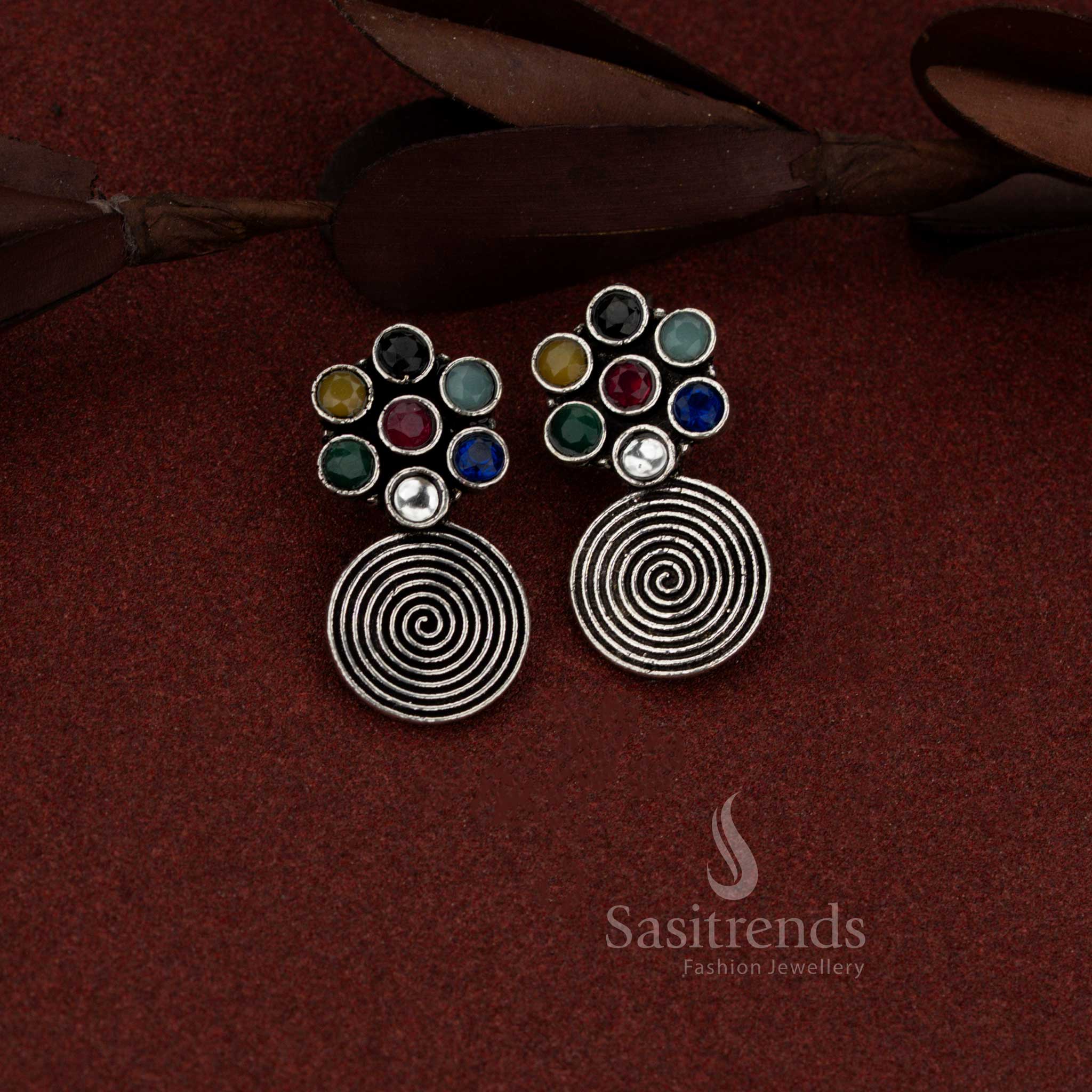 Oxidised Silver Floral Spiral Dangler Earrings for Casual Coffee Dates - Image 4