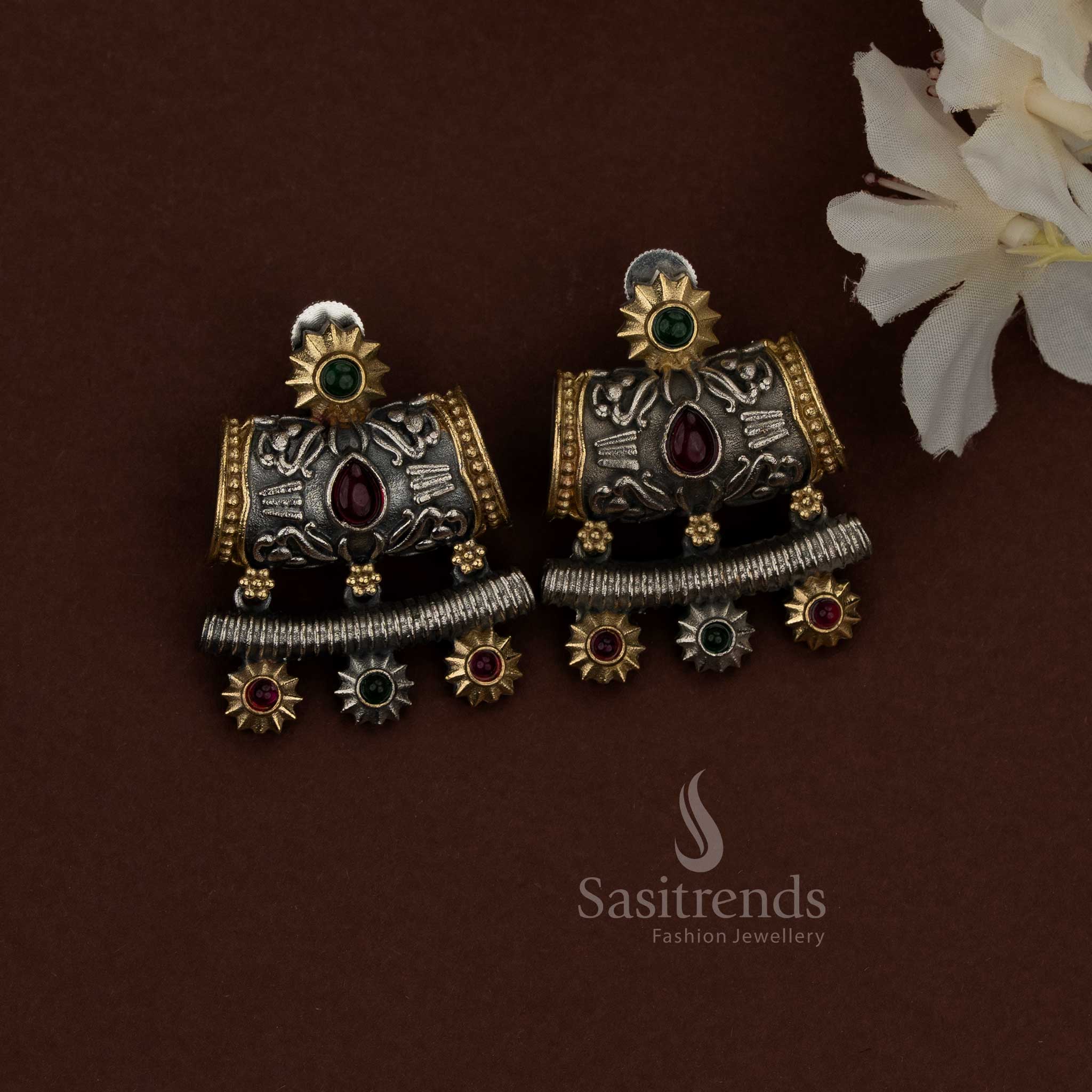 Oxidised Silver Plated Huslia Crescent Chandbali Necklace Set with Teardrop Stones & Sun Motifs for Navaratri & Ethnic Styling - Image 2