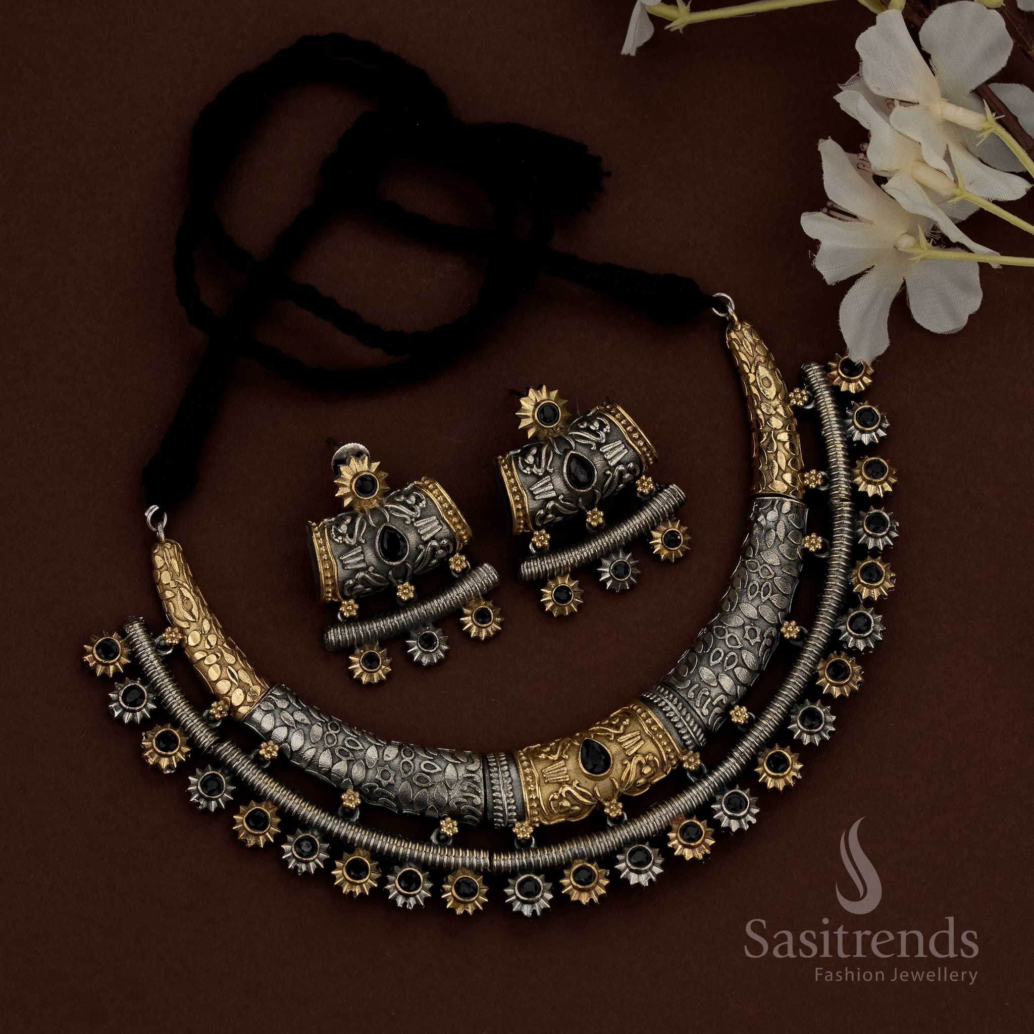 Oxidised Silver Plated Huslia Crescent Chandbali Necklace Set with Teardrop Stones & Sun Motifs for Navaratri & Ethnic Styling - Image 4