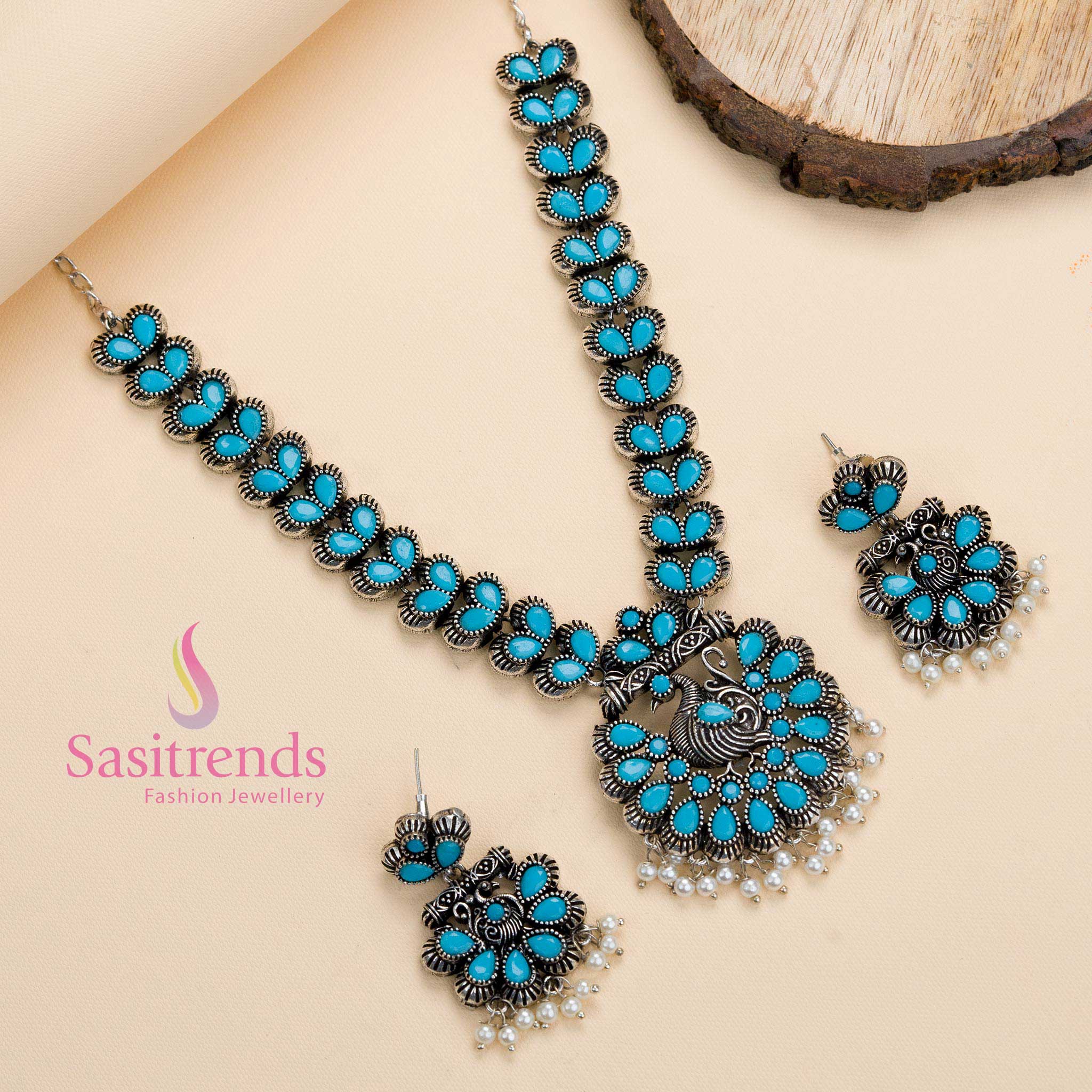 Oxidised Stones Studded with Pearl Peacock Pendant Necklace Jewellery Set - Traditional Party and Festival Jewellery - Image 10