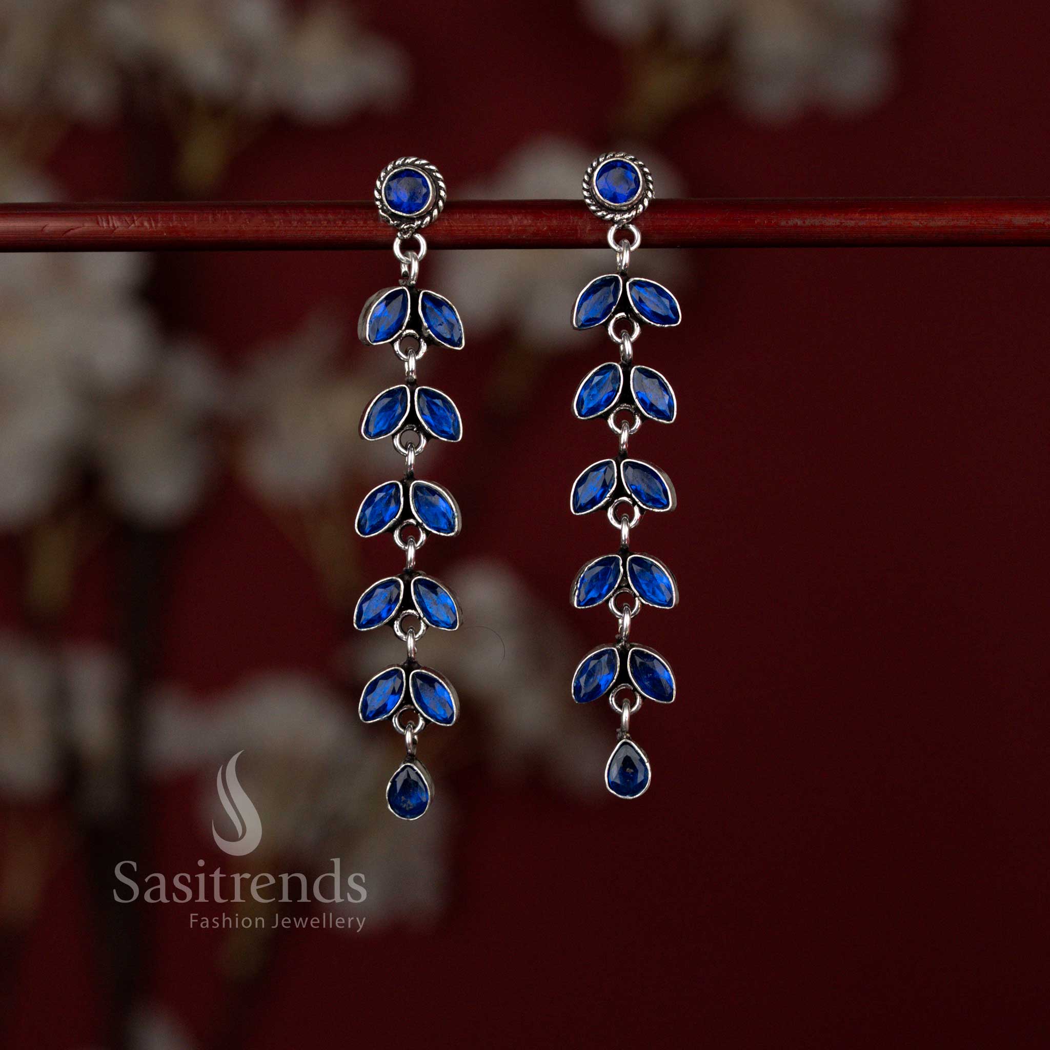 Elegant Oxidised Silver Linear Leaf-Inspired Long Dangler Earrings for Sarees, Kurtis & Festive Dressing - Image 5