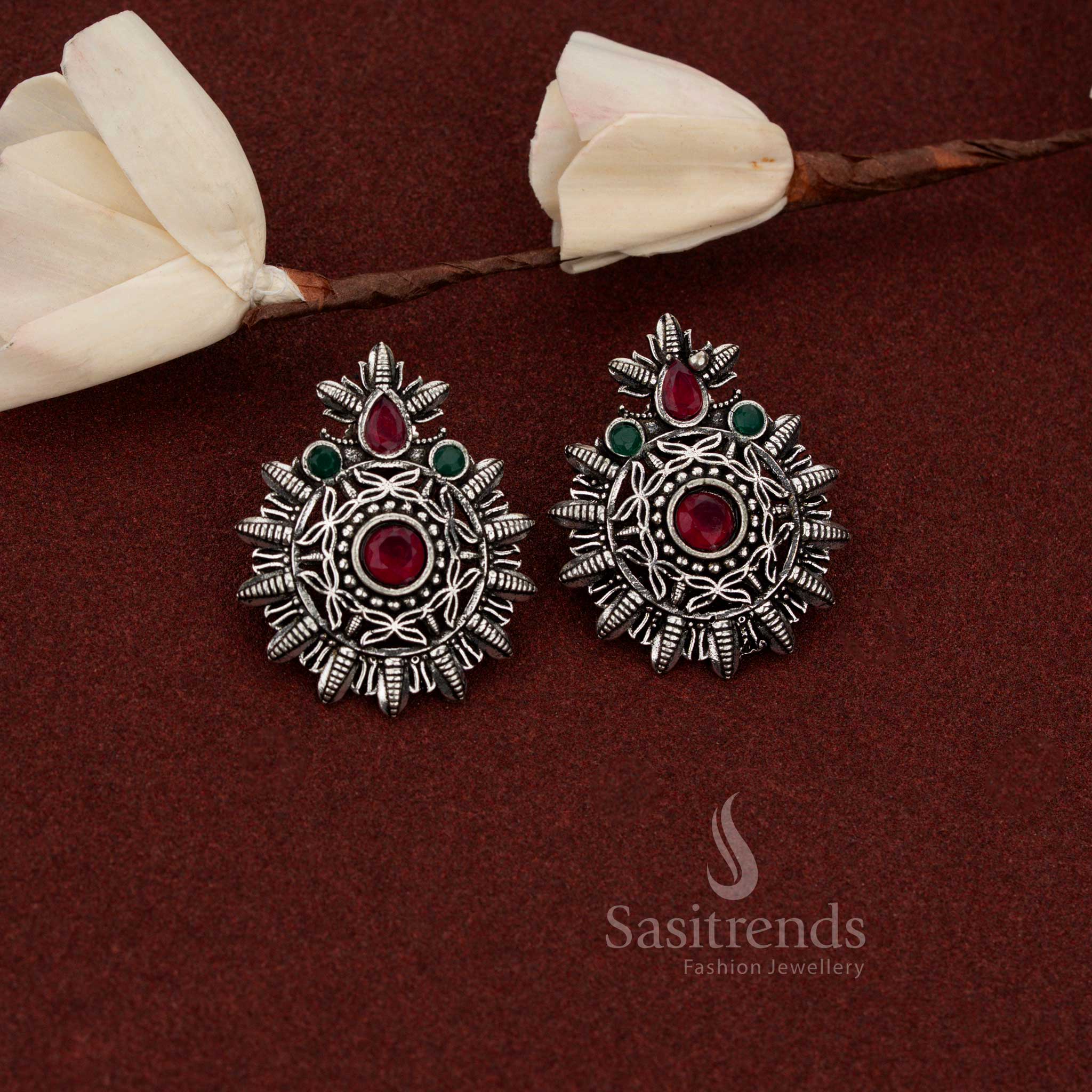 Oxidised Silver Luxe Mandala Stone Stud Earrings for Art Exhibits and Museum Visits - Image 7