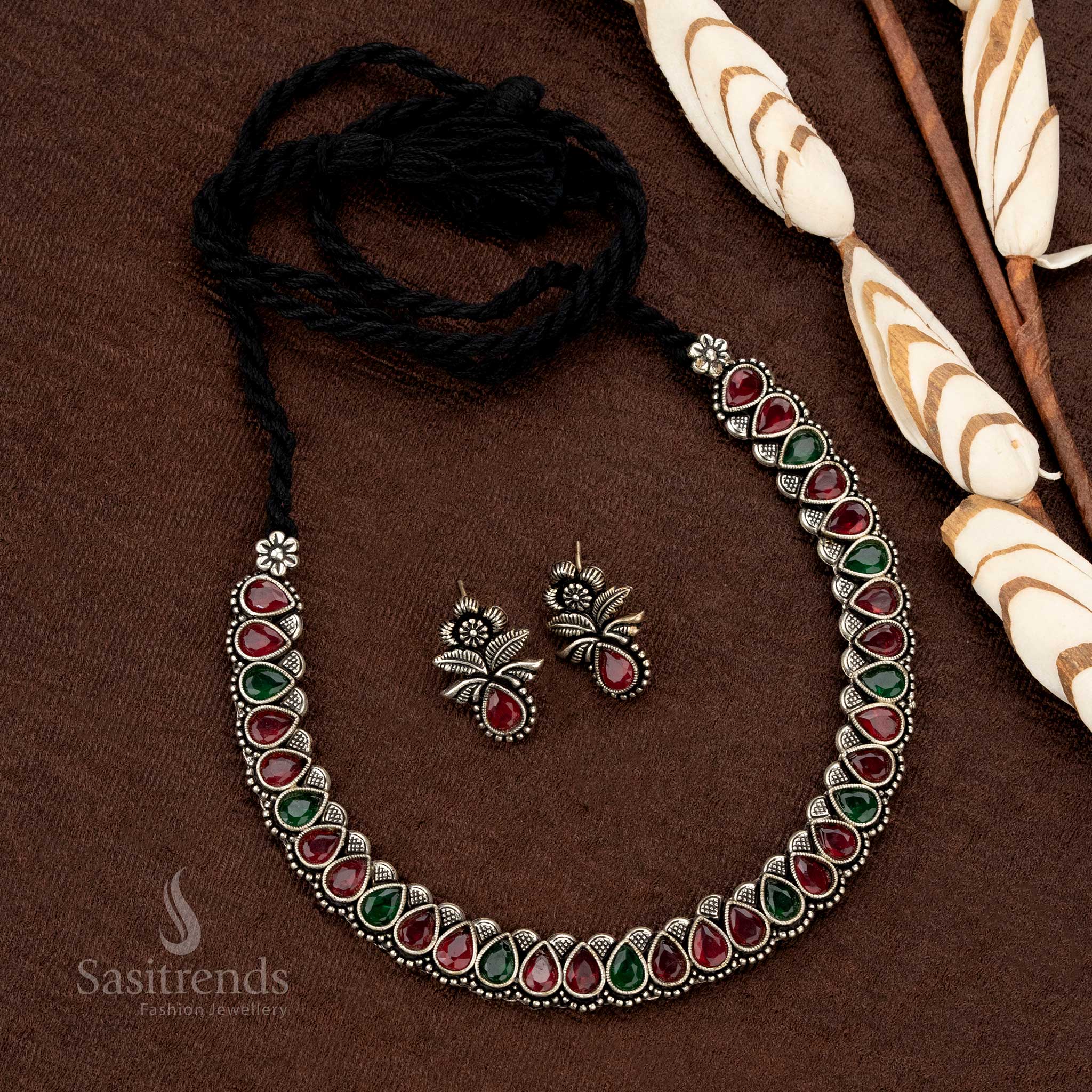 Elegant Party Wear German Silver Oxidised Necklace Jewellery Set with Monalisa Stones - Sasitrends - Image 2