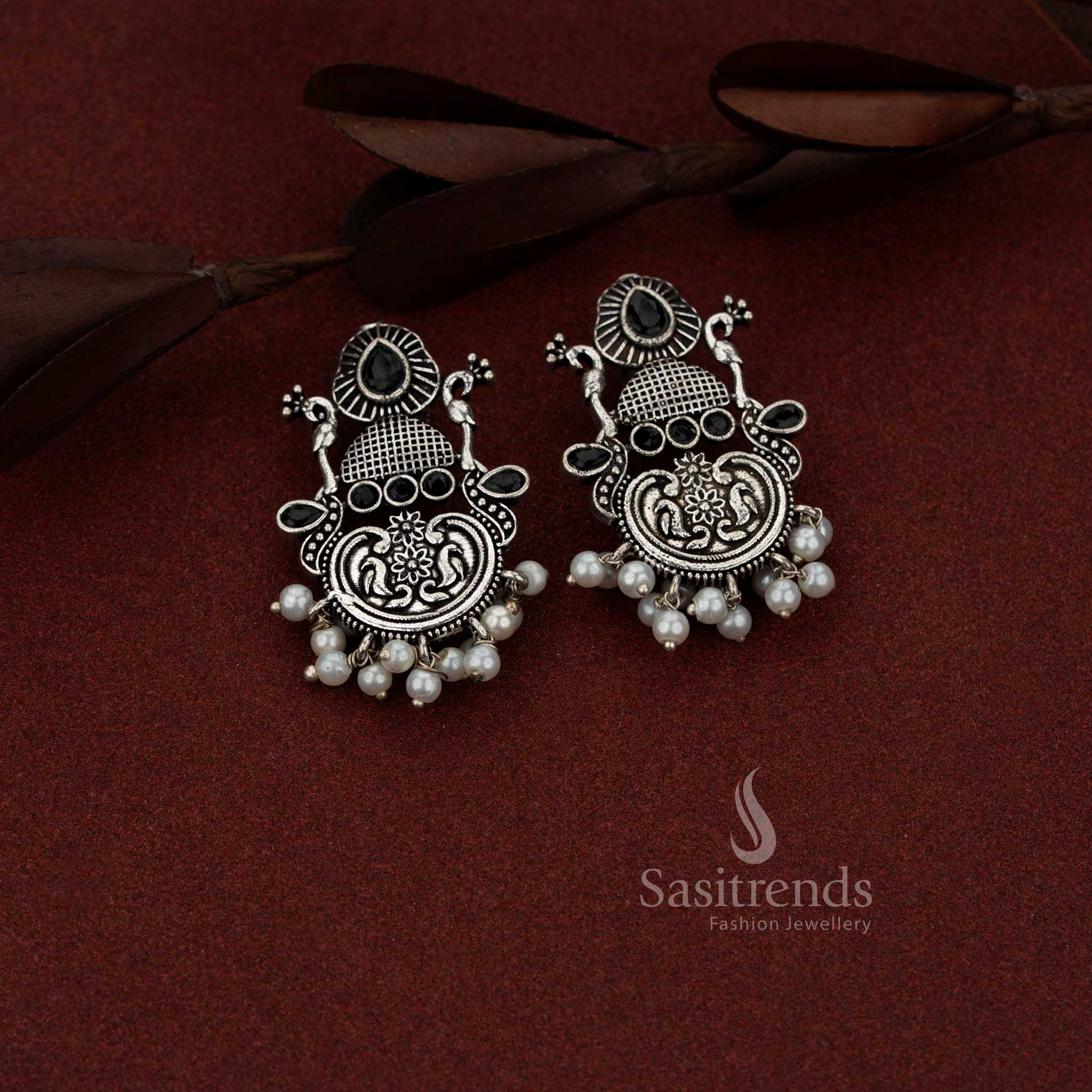 Oxidised Silver Peacock Chandbali Teardrop Stone Earrings for Coffee Outings & Casual Evenings - Image 2