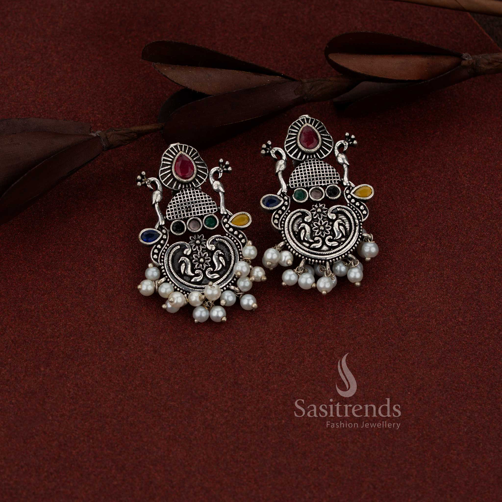 Oxidised Silver Peacock Chandbali Teardrop Stone Earrings for Coffee Outings & Casual Evenings - Image 5
