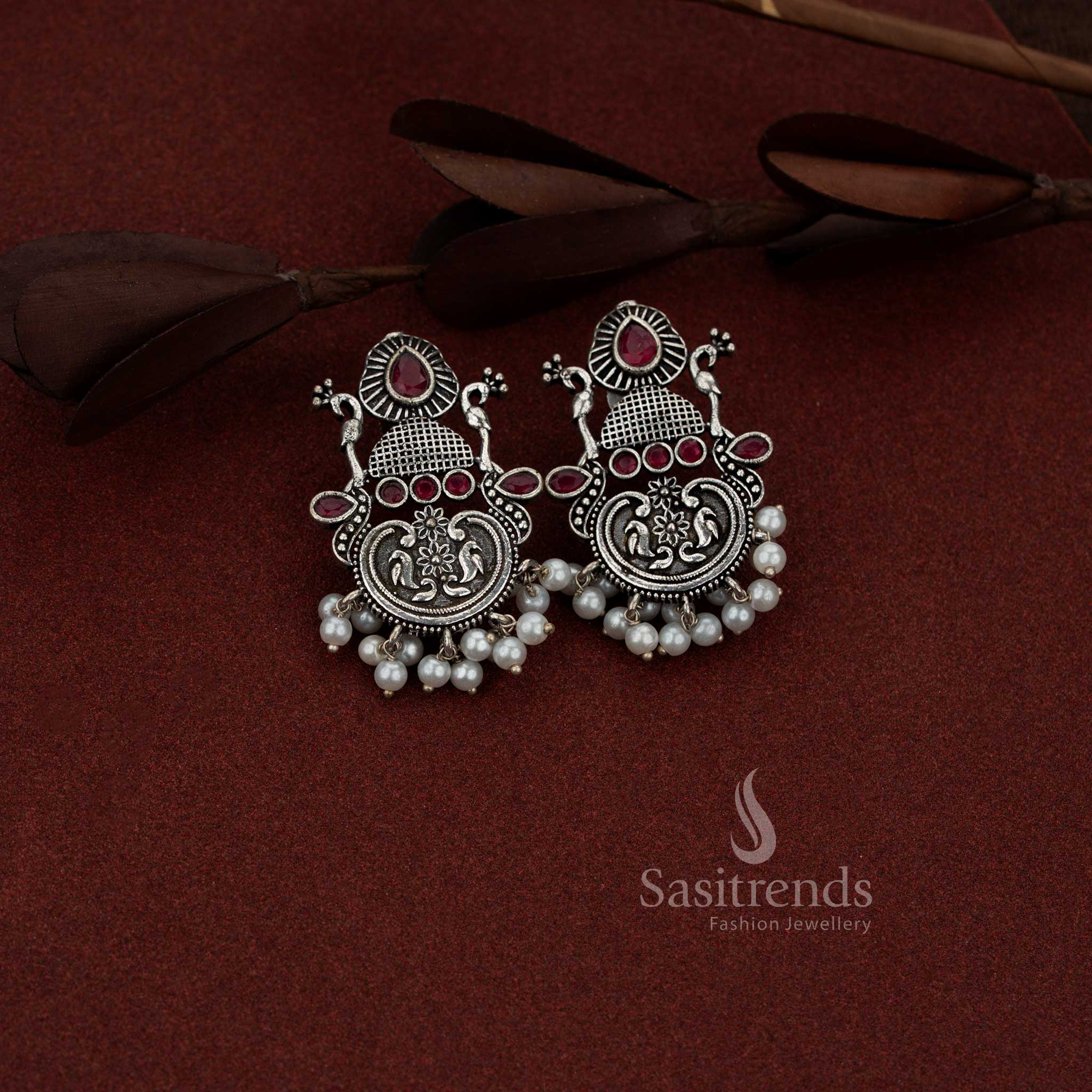 Oxidised Silver Peacock Chandbali Teardrop Stone Earrings for Coffee Outings & Casual Evenings - Image 8