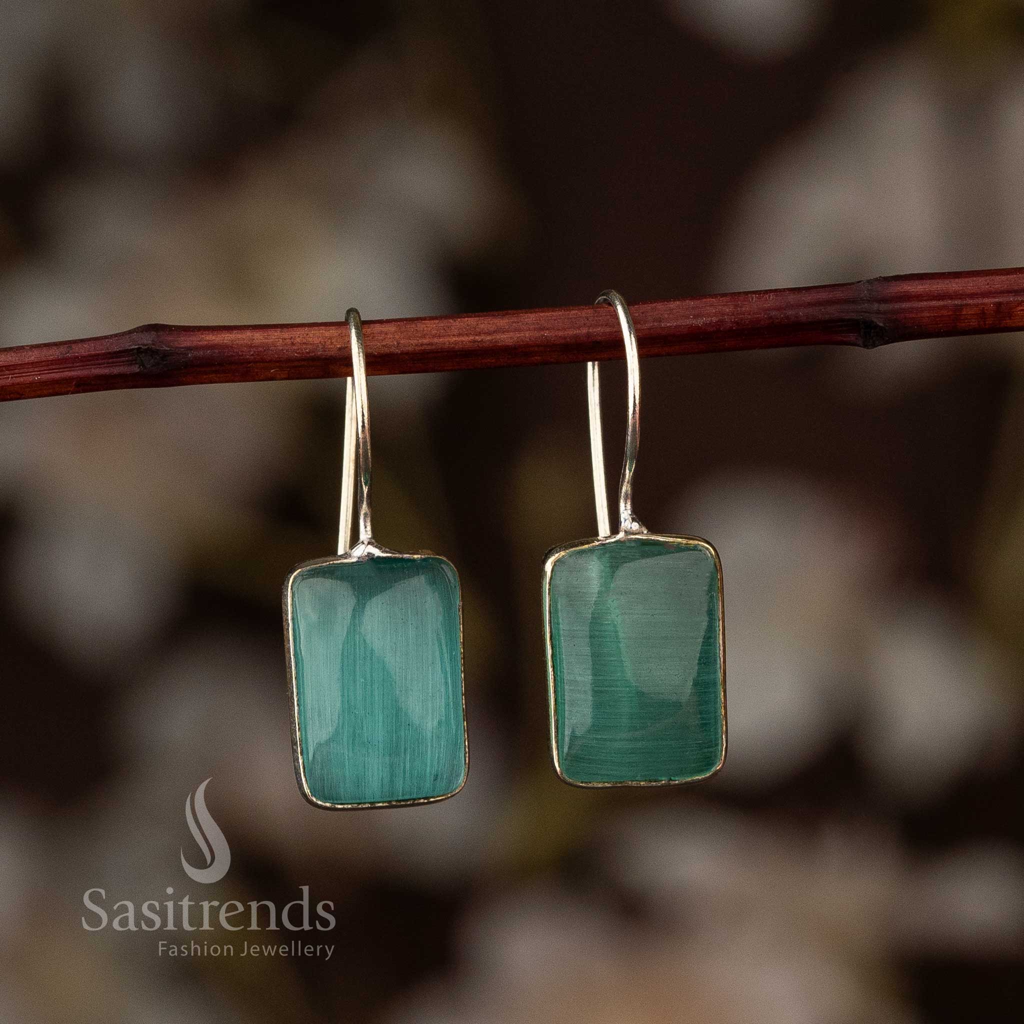 Elegant Oxidised Silver Rectangular Stone Fish Hook Earrings - Sasitrends
