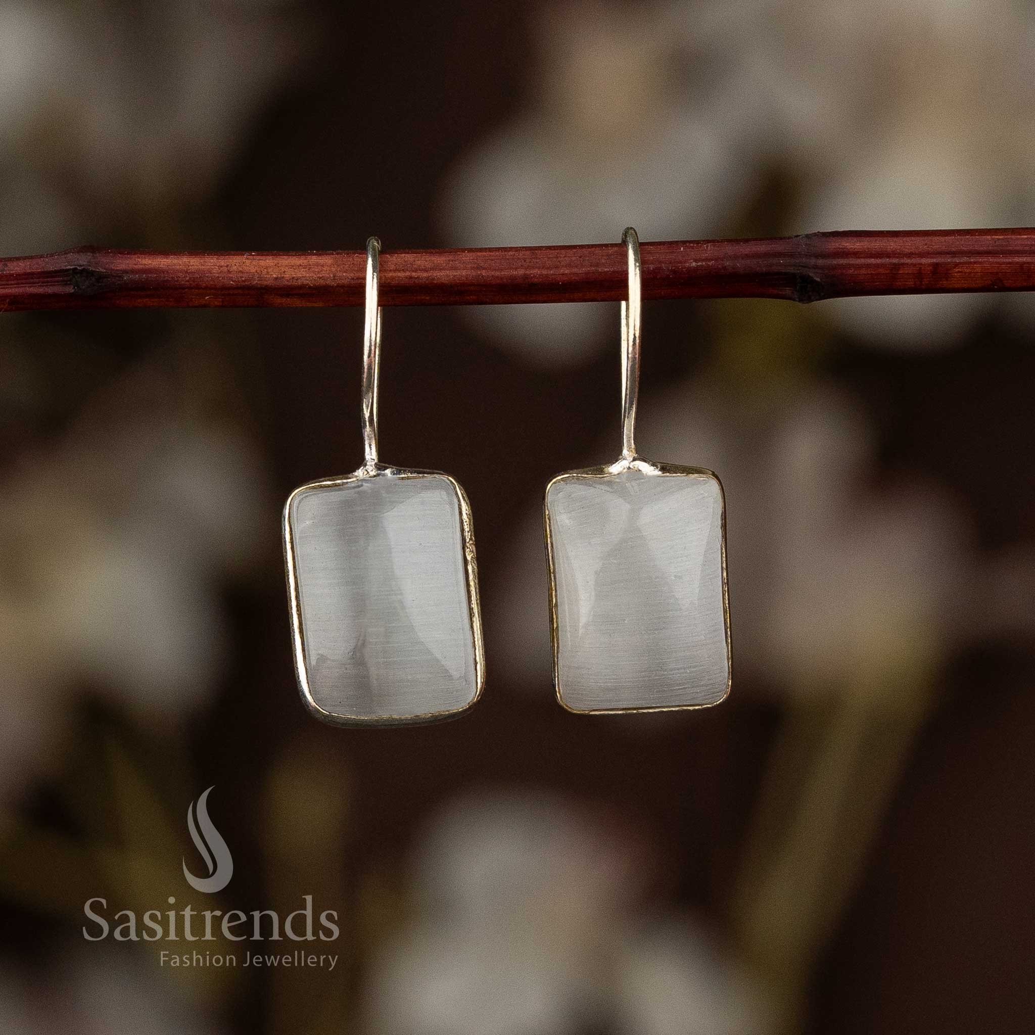 Elegant Oxidised Silver Rectangular Stone Fish Hook Earrings - Sasitrends - Image 10