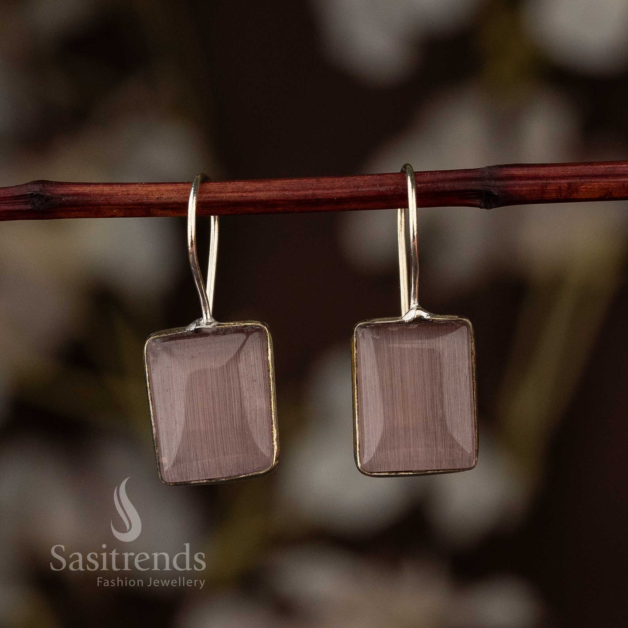 Elegant Oxidised Silver Rectangular Stone Fish Hook Earrings - Sasitrends - Image 2
