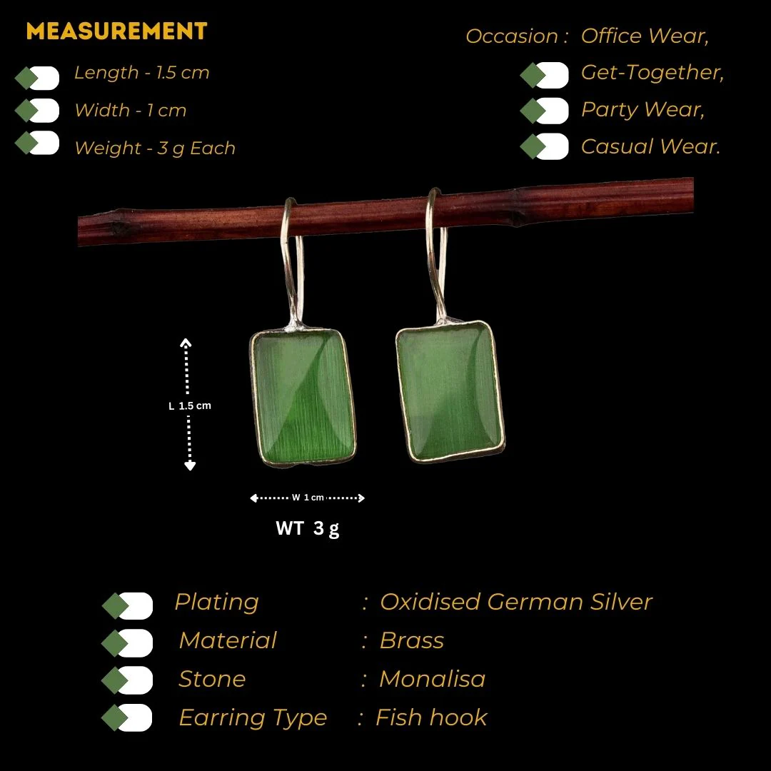 Elegant Oxidised Silver Rectangular Stone Fish Hook Earrings - Sasitrends - Image 3