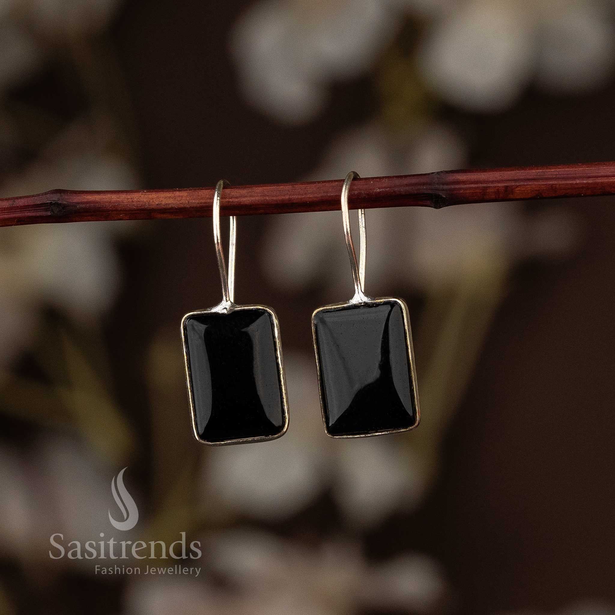 Elegant Oxidised Silver Rectangular Stone Fish Hook Earrings - Sasitrends - Image 4
