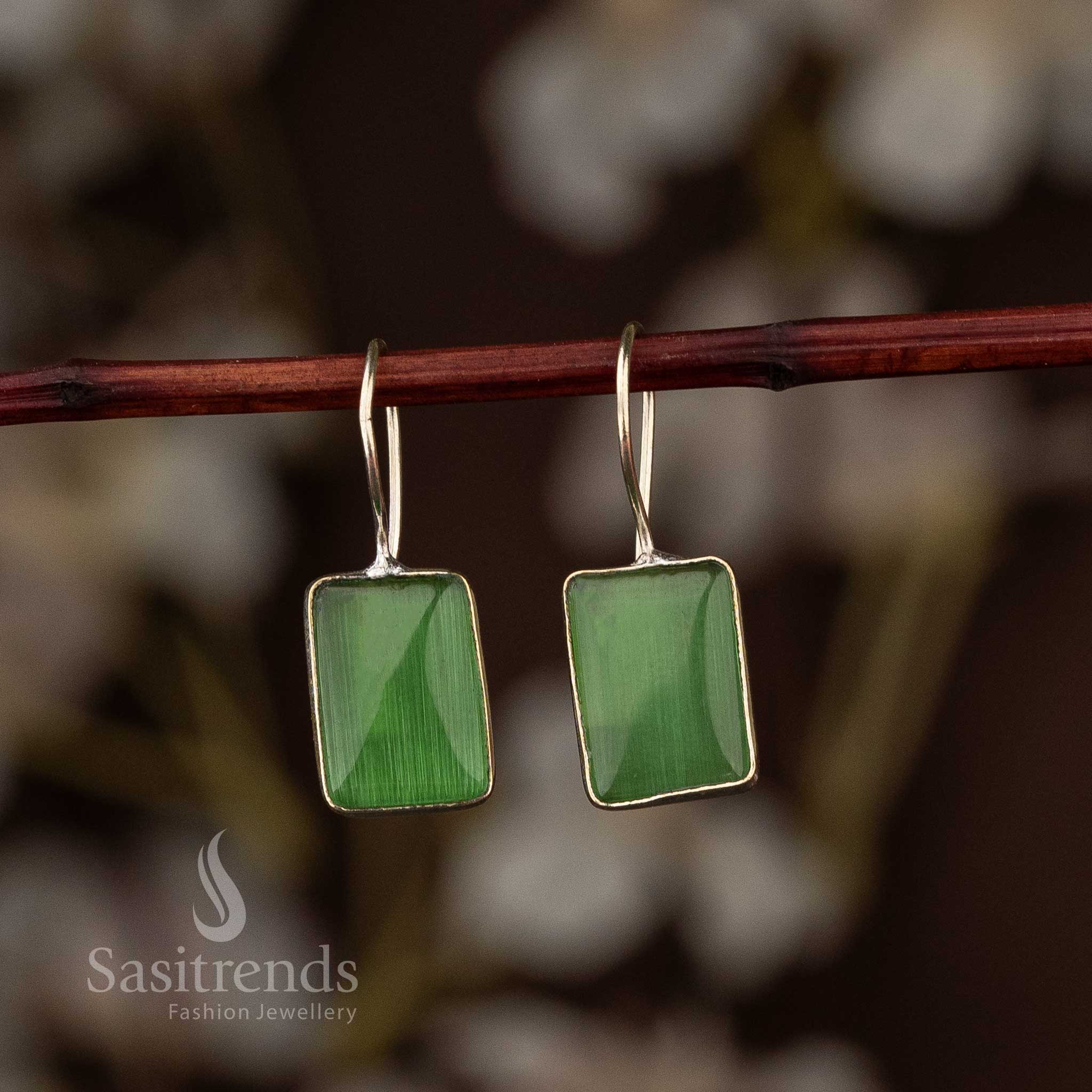 Elegant Oxidised Silver Rectangular Stone Fish Hook Earrings - Sasitrends - Image 5