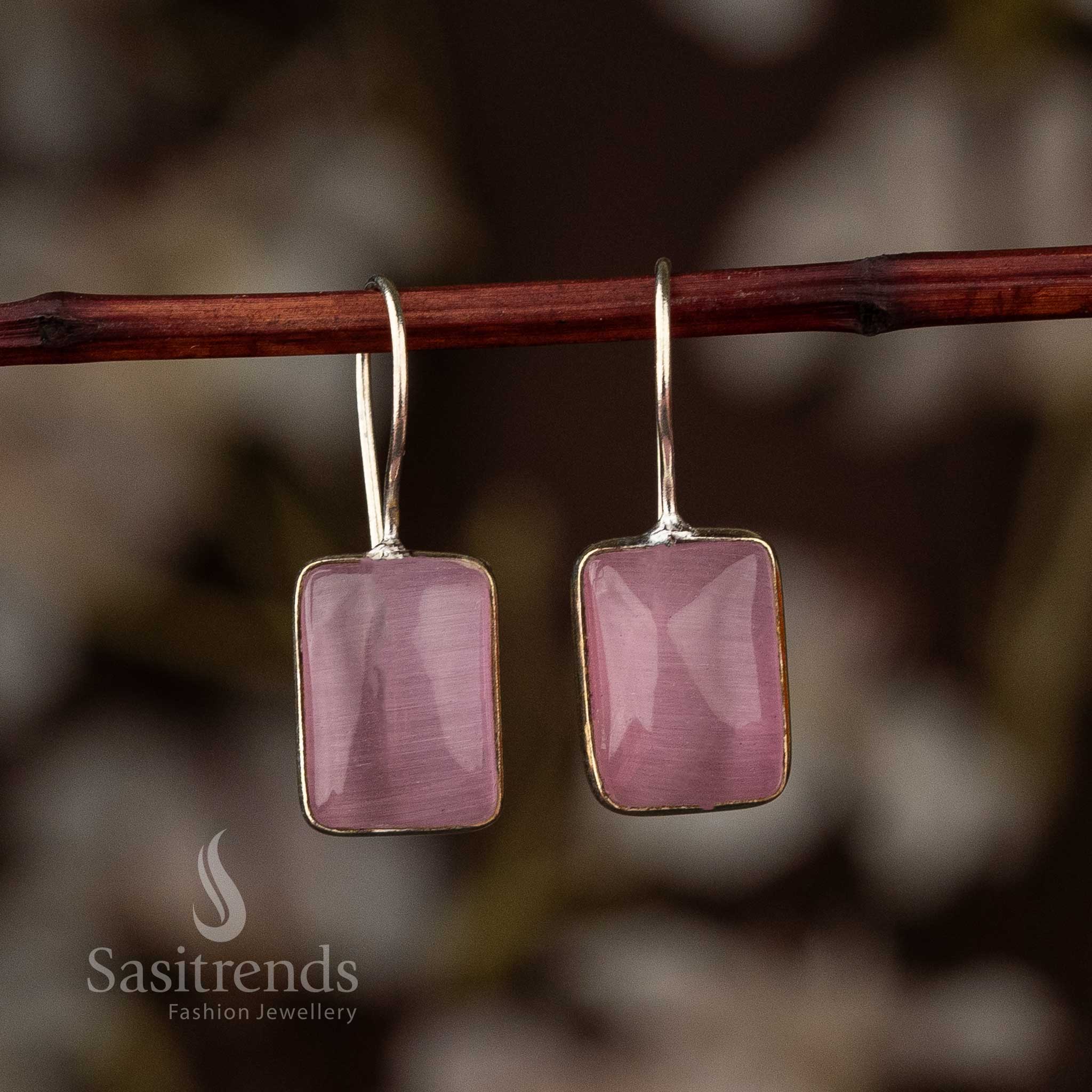 Elegant Oxidised Silver Rectangular Stone Fish Hook Earrings - Sasitrends - Image 6
