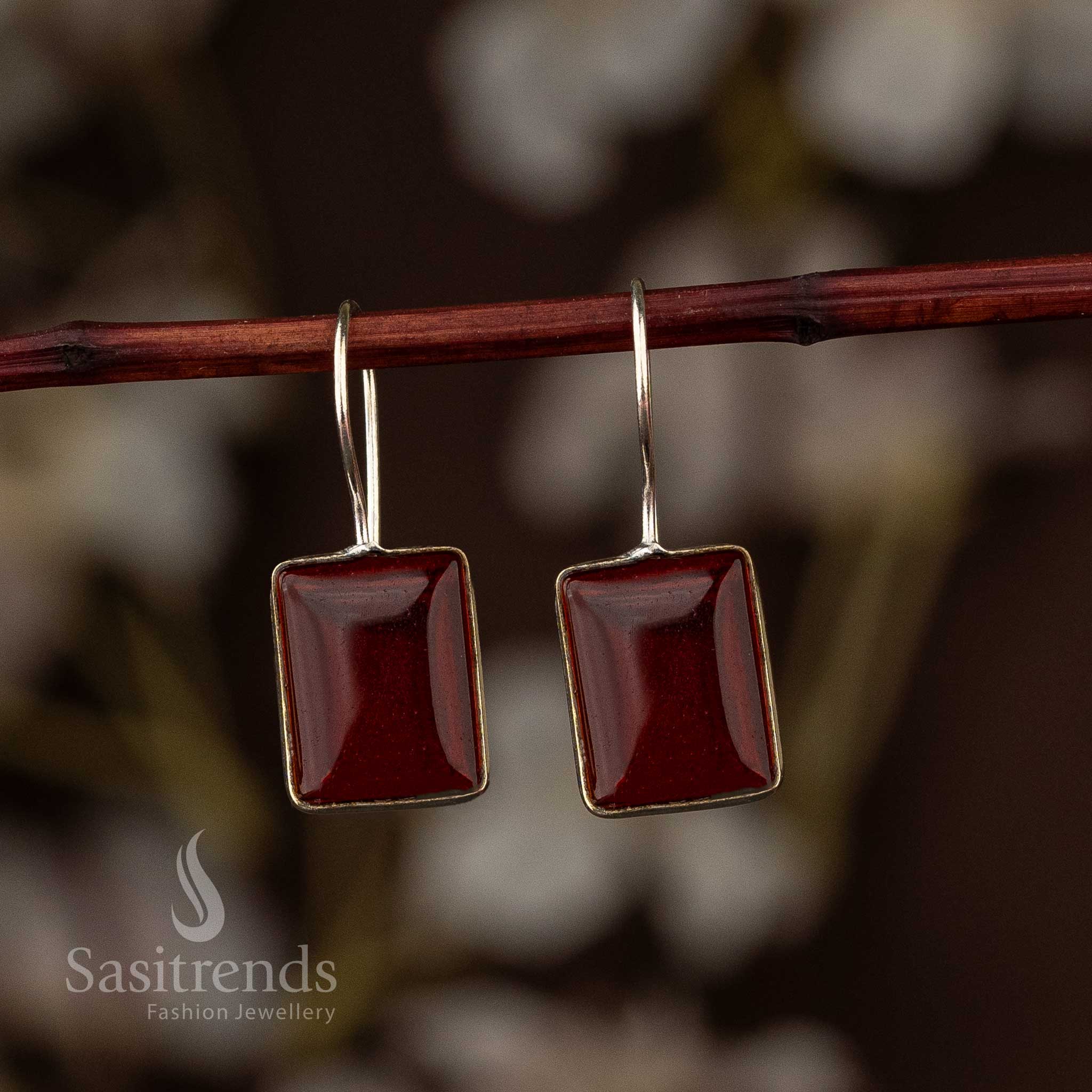 Elegant Oxidised Silver Rectangular Stone Fish Hook Earrings - Sasitrends - Image 7