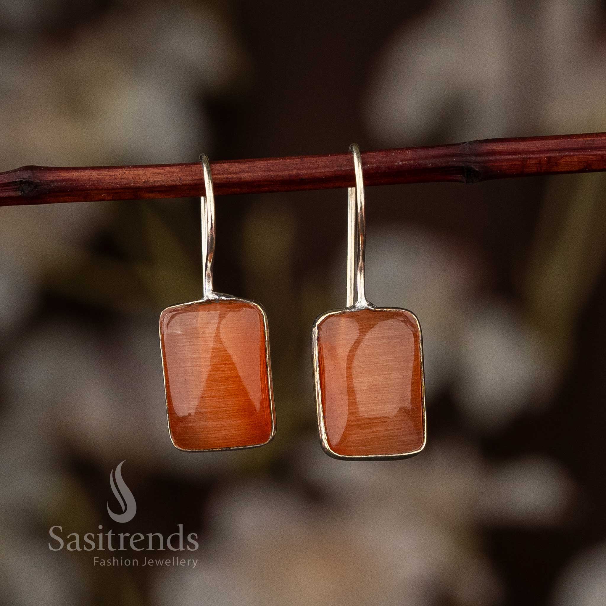 Elegant Oxidised Silver Rectangular Stone Fish Hook Earrings - Sasitrends - Image 8