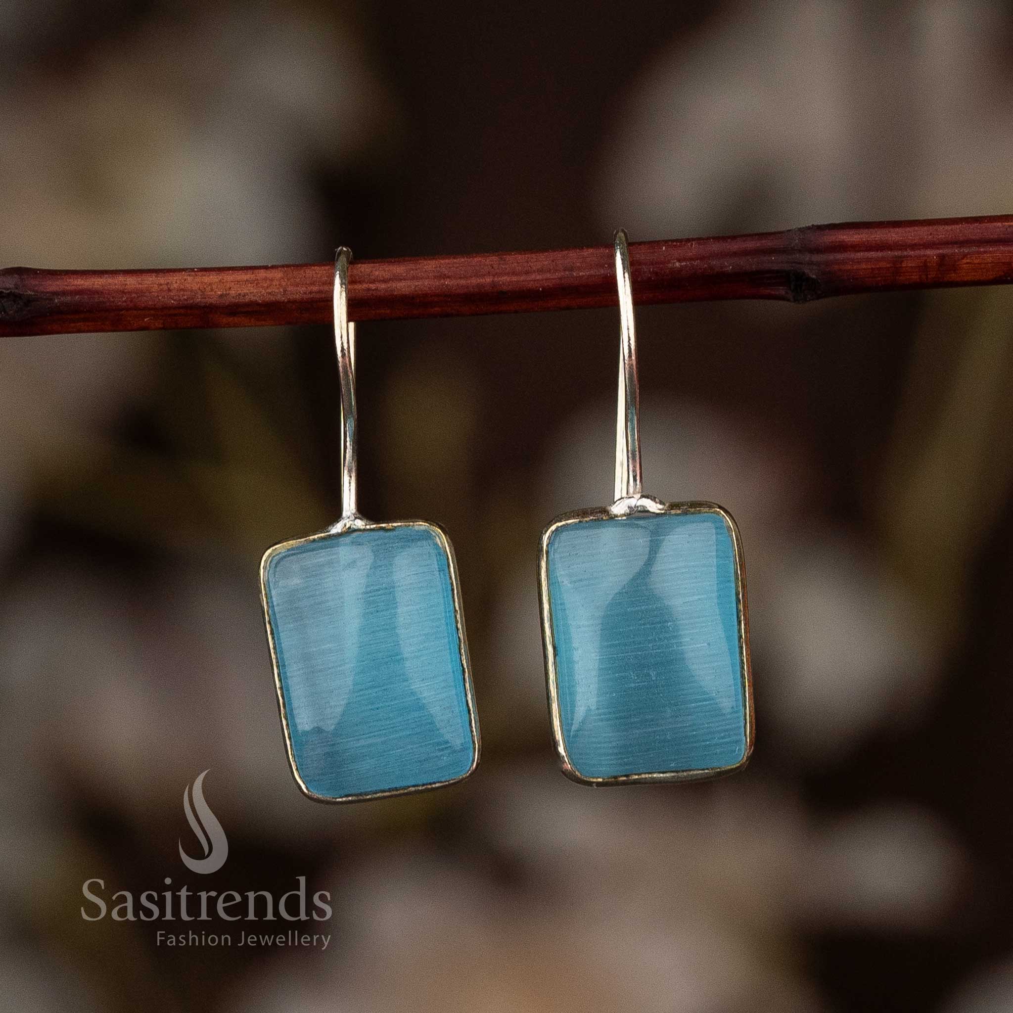 Elegant Oxidised Silver Rectangular Stone Fish Hook Earrings - Sasitrends - Image 9