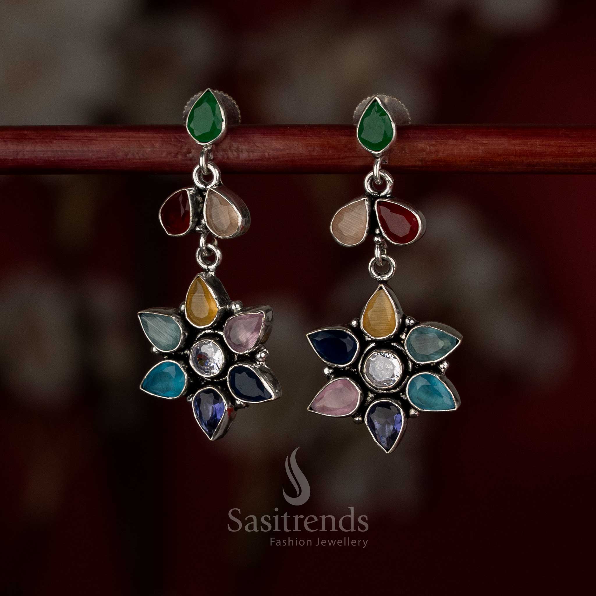 Oxidised Silver Rosette Six Pear-Shaped Stone Petals Earrings for Daily Casual Wear - Image 11