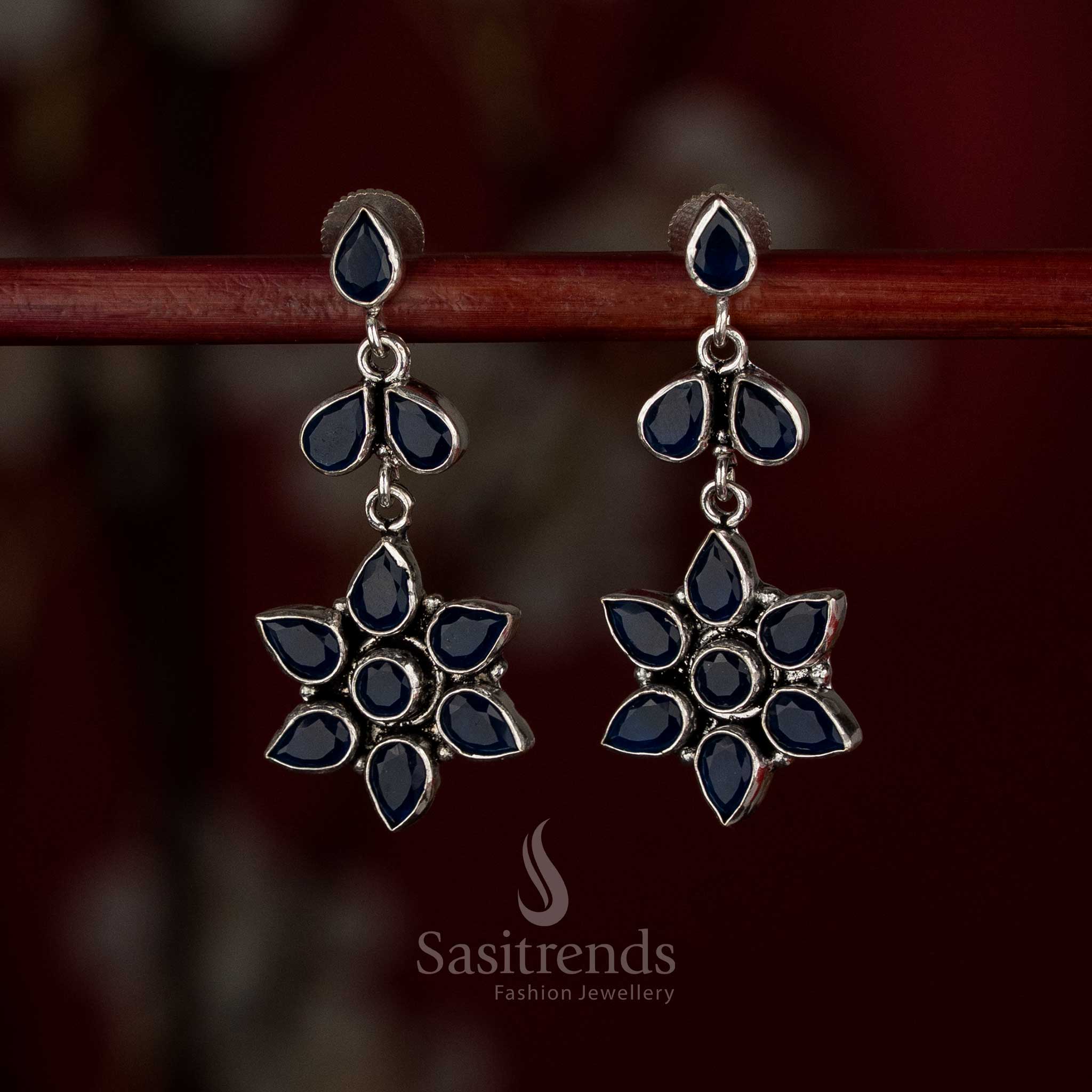 Oxidised Silver Rosette Six Pear-Shaped Stone Petals Earrings for Daily Casual Wear - Image 12