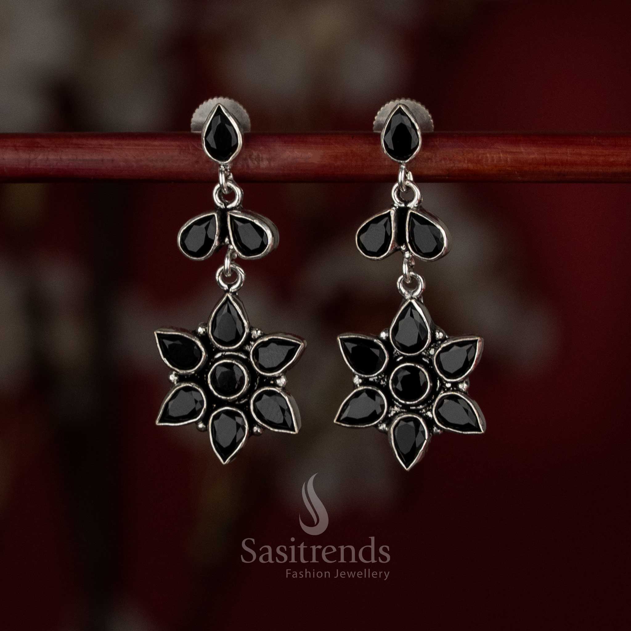 Oxidised Silver Rosette Six Pear-Shaped Stone Petals Earrings for Daily Casual Wear - Image 8