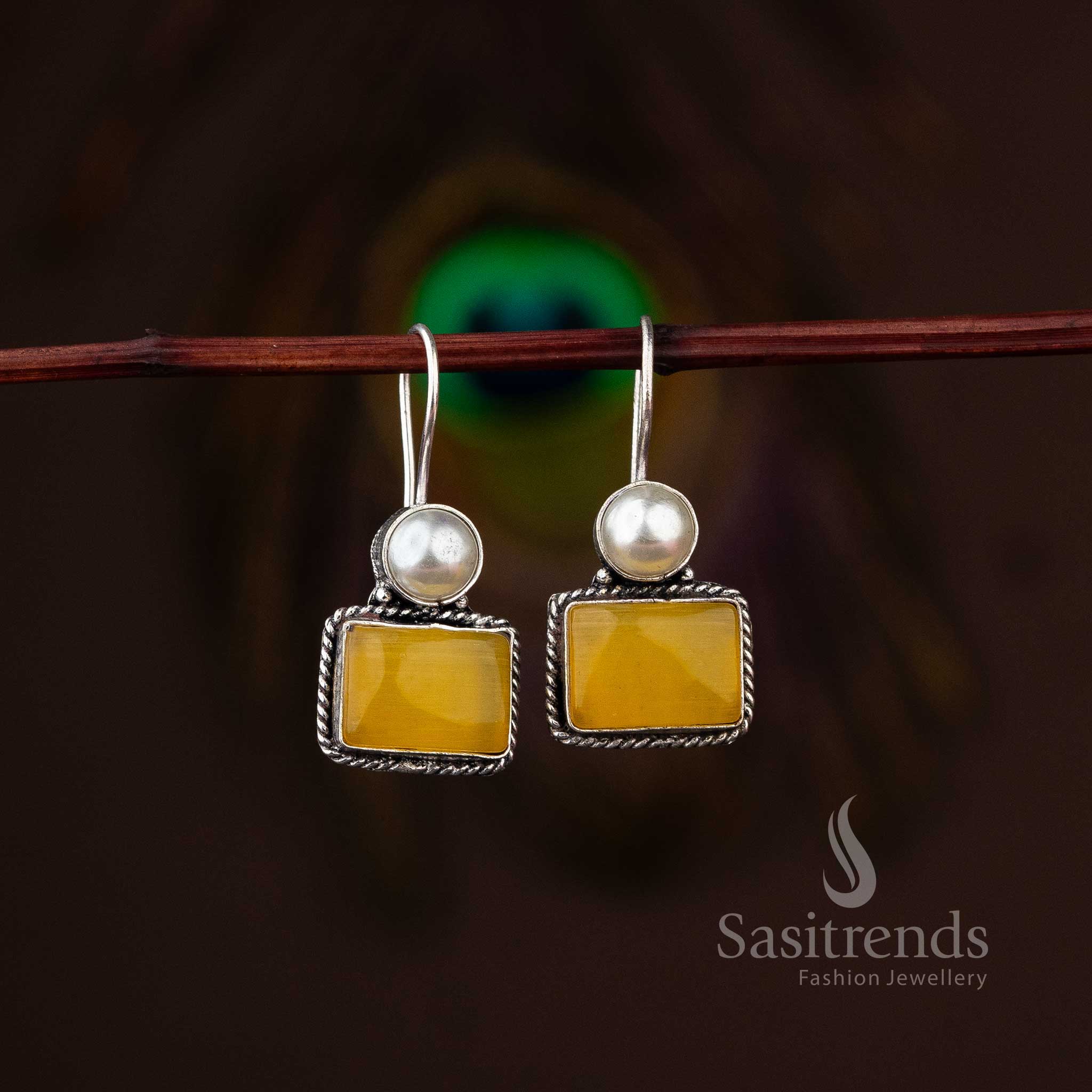 Chic Oxidised Silver Rectangular Stone & Pearl Earrings - Sasitrends - Image 4