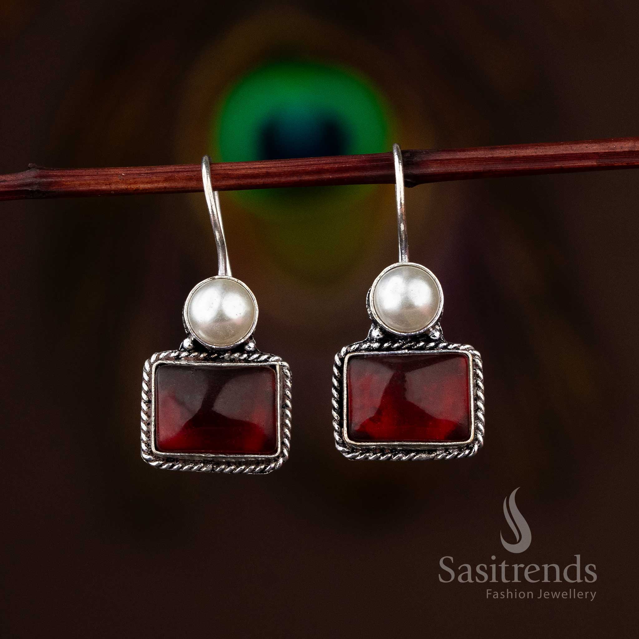 Chic Oxidised Silver Rectangular Stone & Pearl Earrings - Sasitrends - Image 7