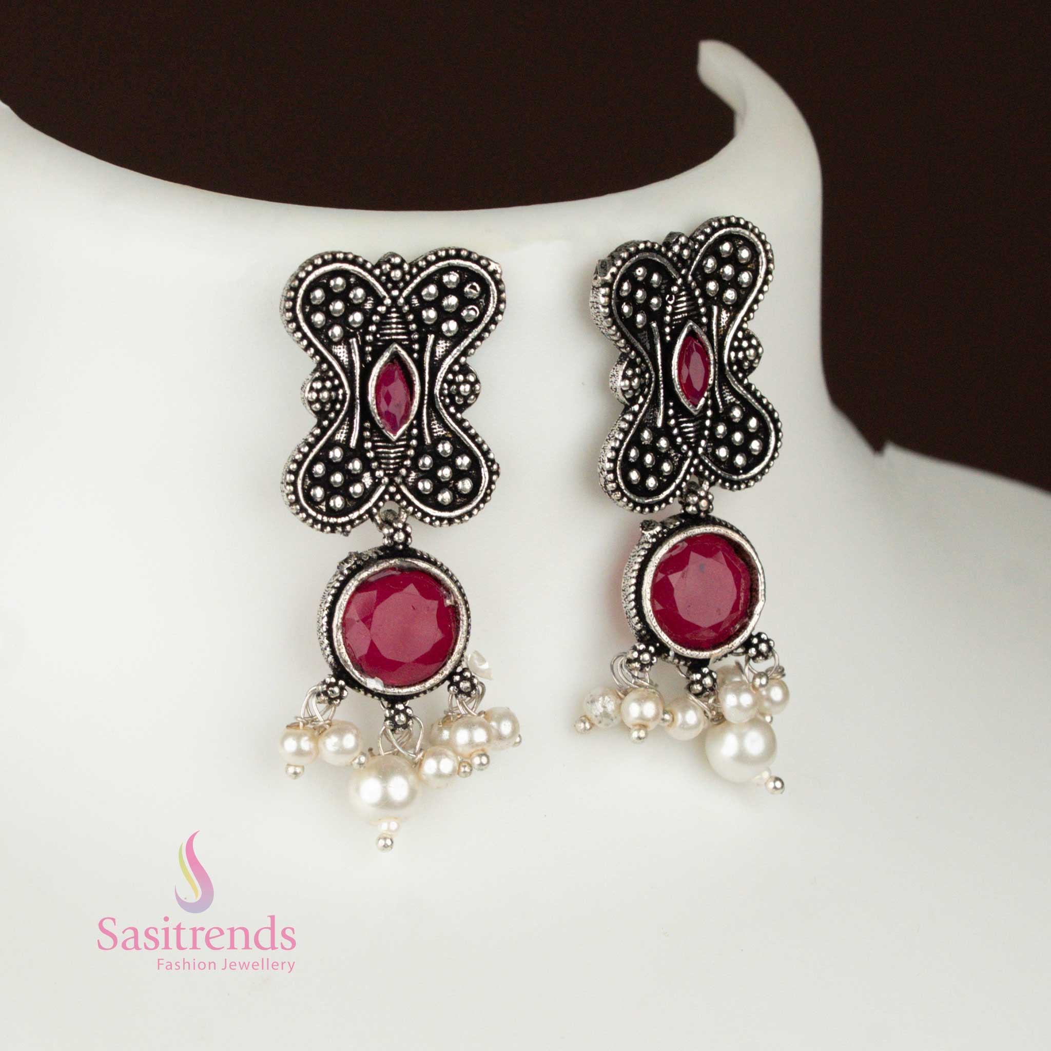 Latest Jewellery: Party Look Floral and Peacock Motifs Oxidised Pearl Necklace Jewellery Set with Earrings | Sasitrends - Image 10