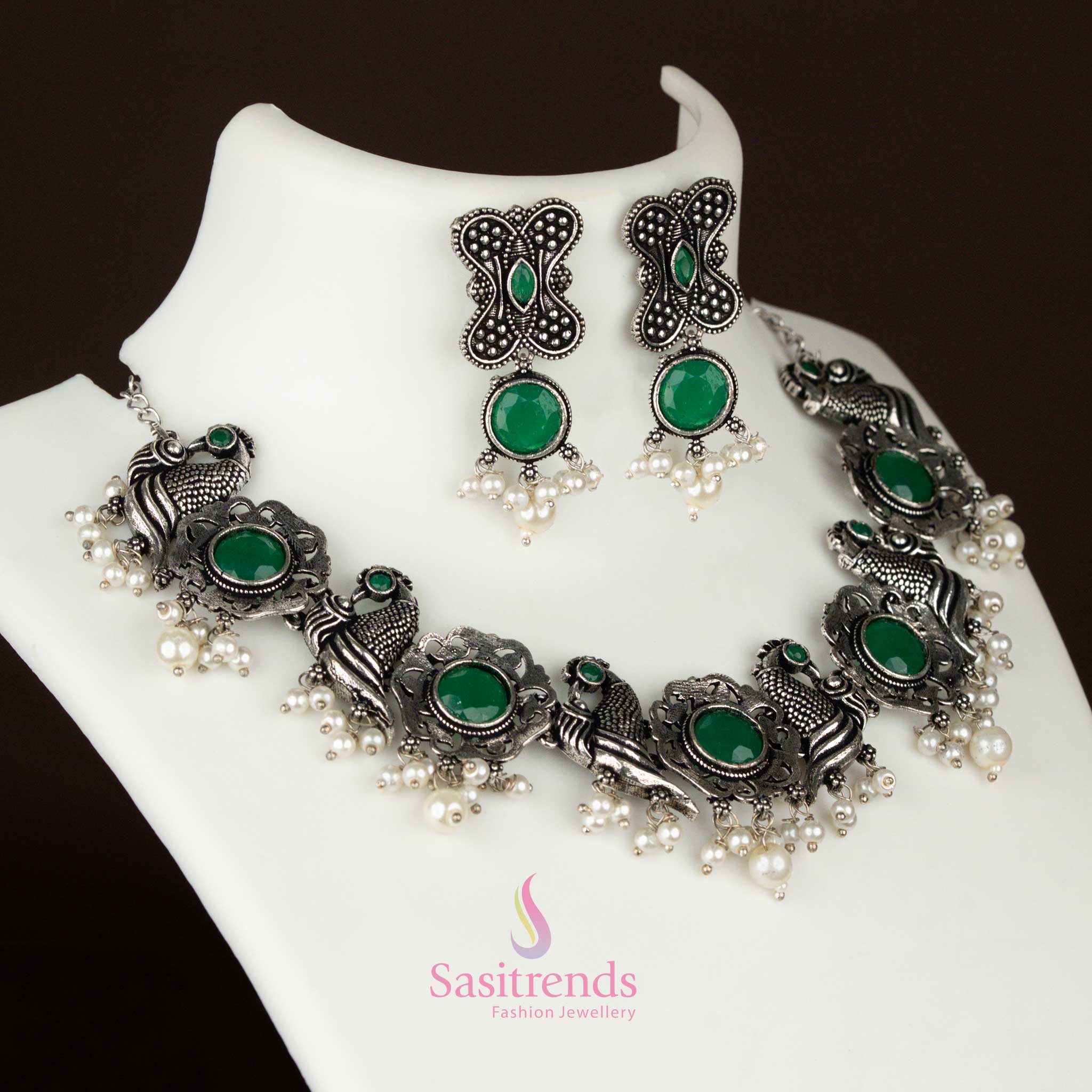 Latest Jewellery: Party Look Floral and Peacock Motifs Oxidised Pearl Necklace Jewellery Set with Earrings | Sasitrends - Image 4