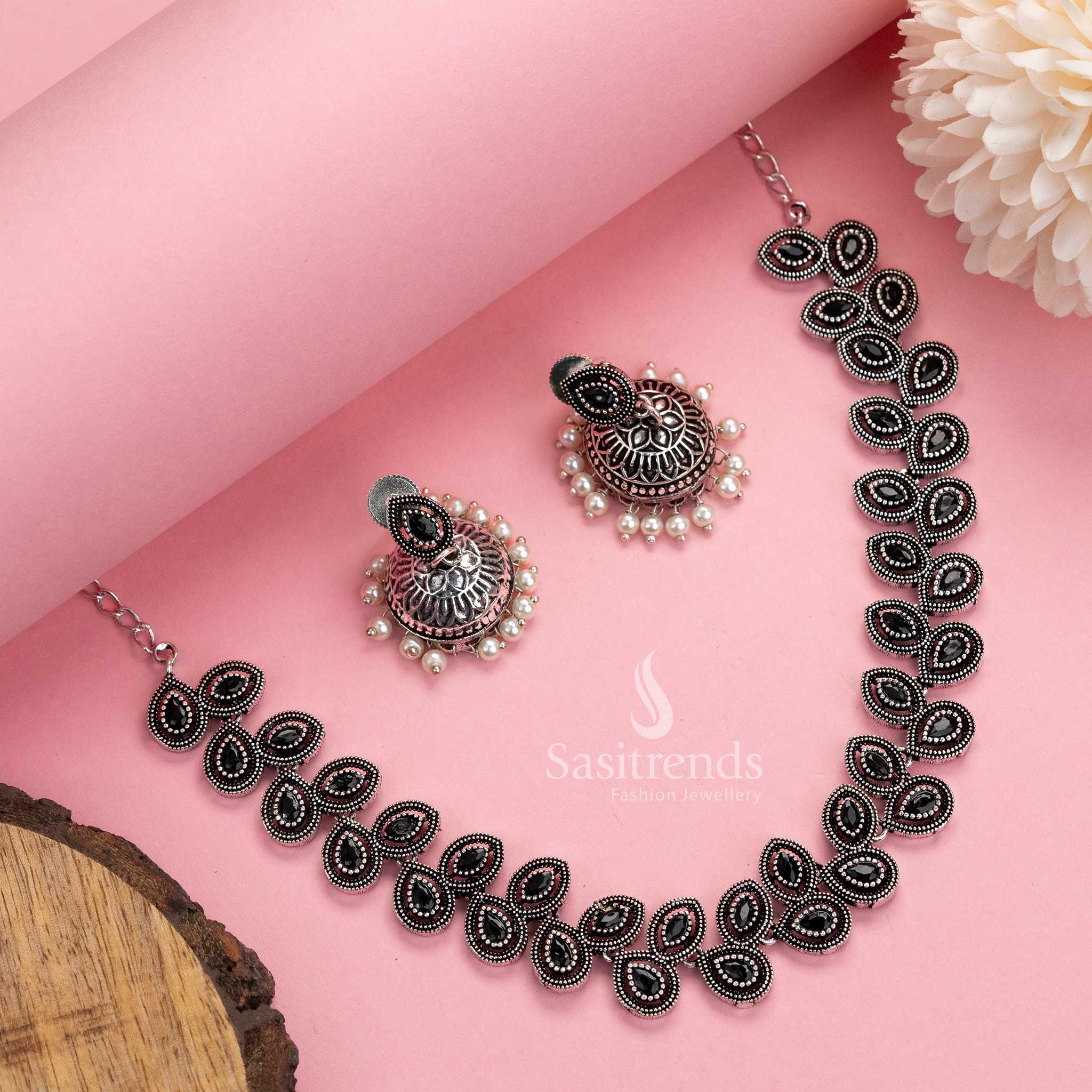 Traditional Beauty: Oxidised Silver Necklace & Pearl Jhumkas Stones Stud Jewellery Set | Sasitrends - Image 2