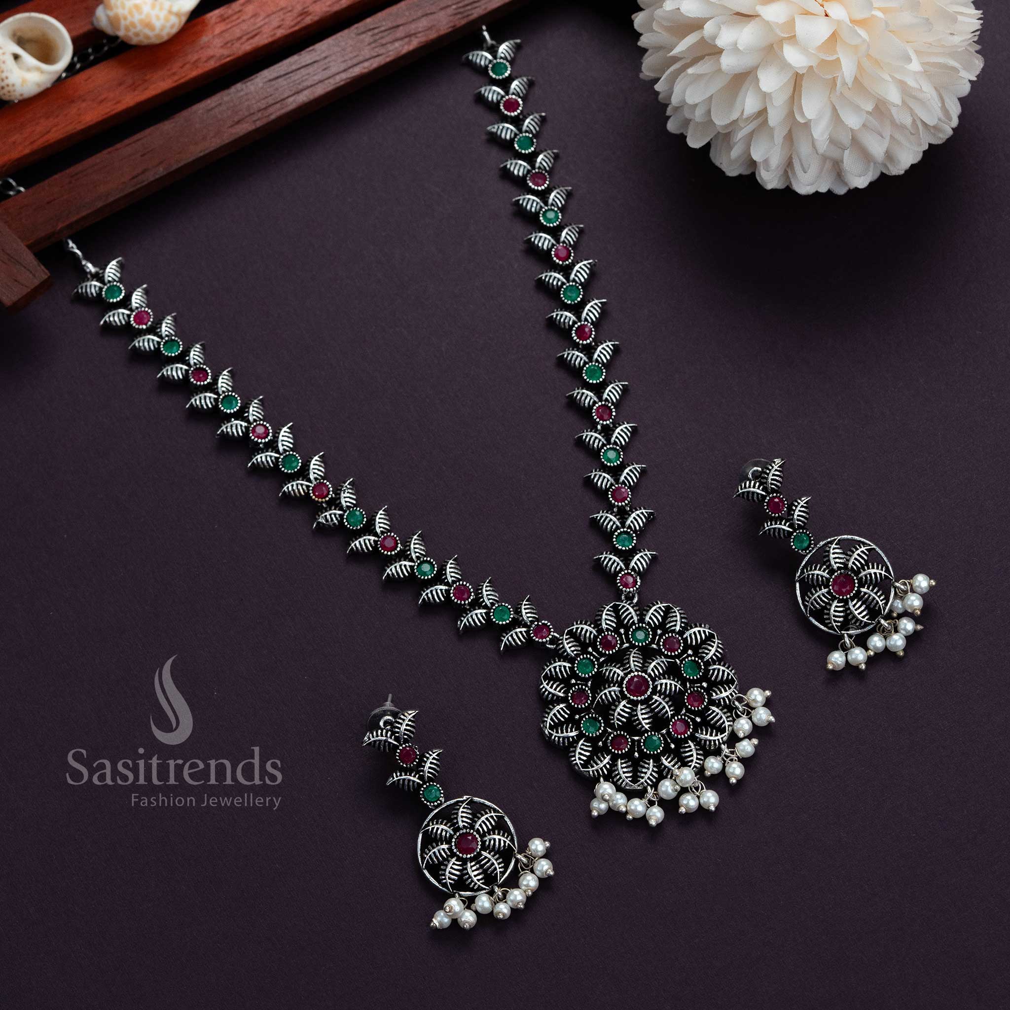 Trendy Flower Leaf Pendant Oxidised Silver Pearl Stones Necklace with Pearl Earrings Jewellery Set - Image 11