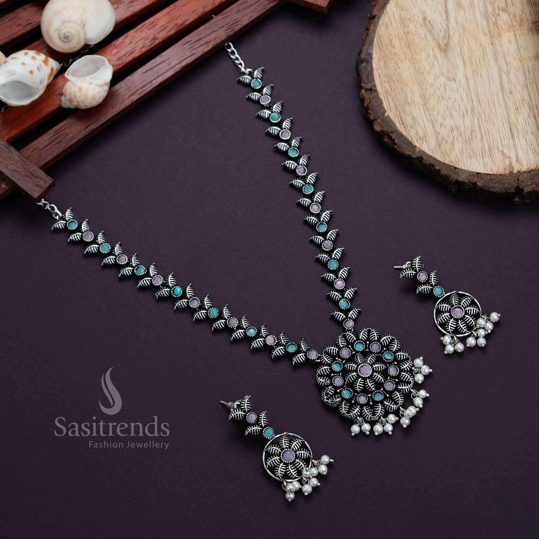 Trendy Flower Leaf Pendant Oxidised Silver Pearl Stones Necklace with Pearl Earrings Jewellery Set - Image 7