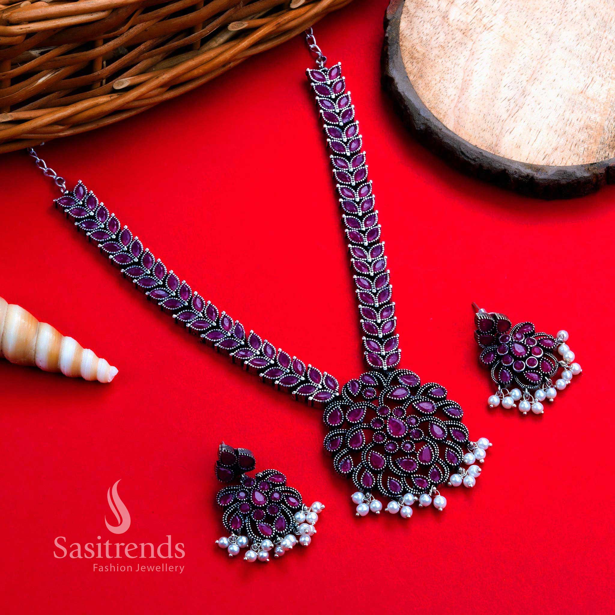 Navrathri Special Oxidised Silver Floral Pendant Necklace with Leaf Patterns Stones and Earrings with Pearls Jewellery Set - Image 8