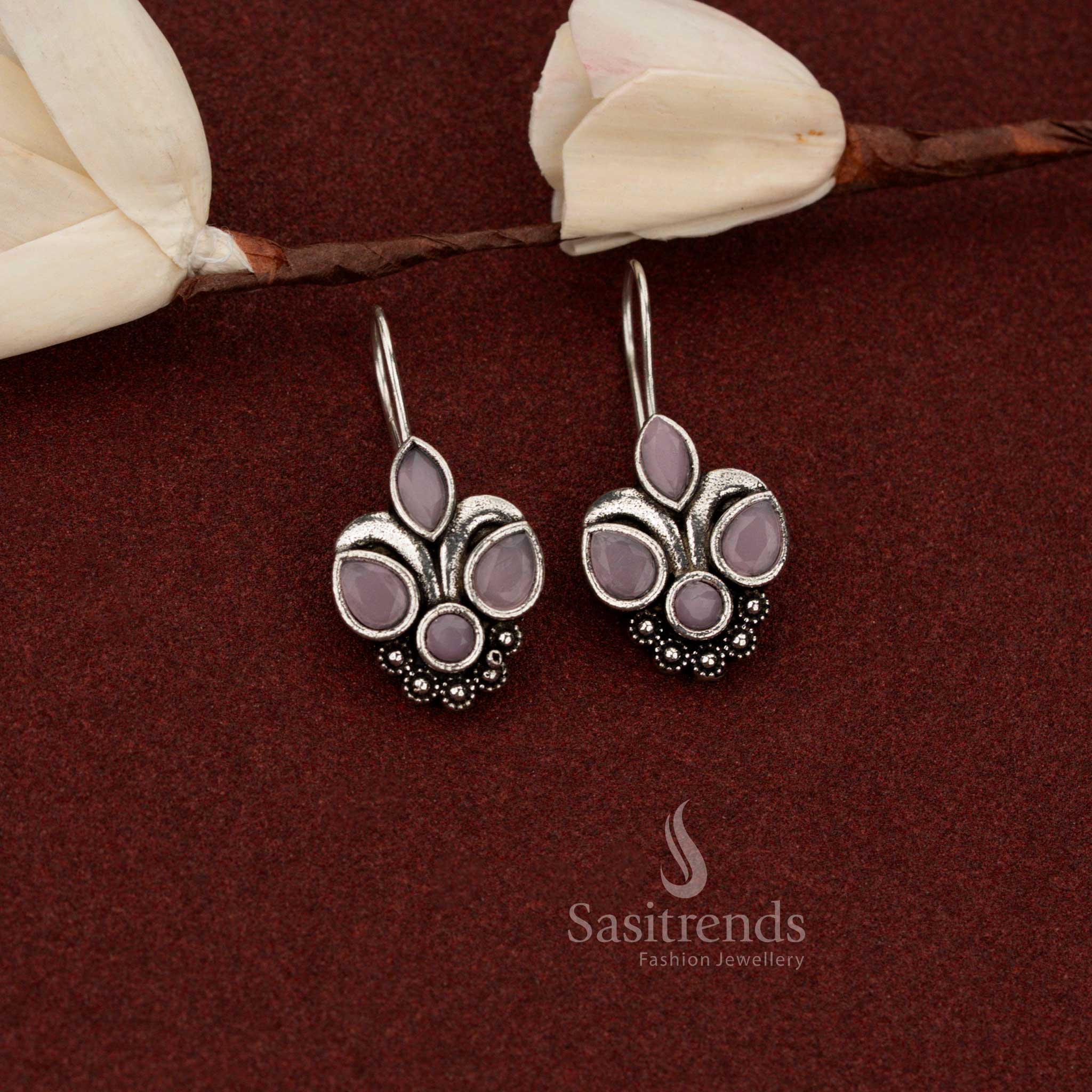 Oxidised Silver Trifoliate Floral Stone Fish Hook Earrings for Brunches, Coffee Meetups, and Weekend Outings - Image 5