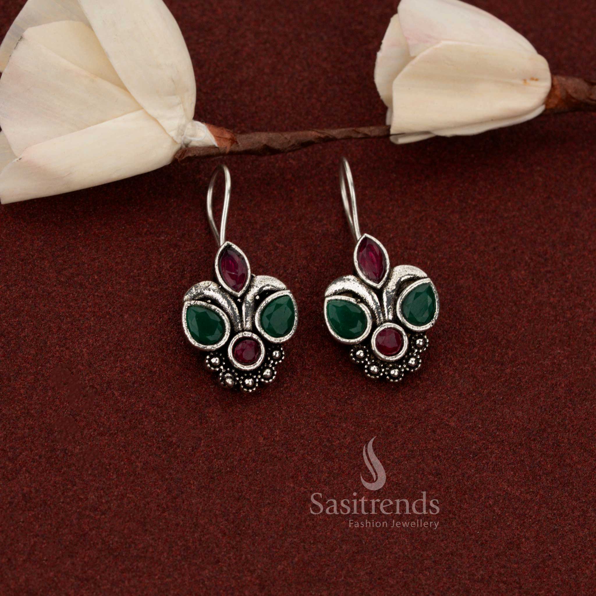 Oxidised Silver Trifoliate Floral Stone Fish Hook Earrings for Brunches, Coffee Meetups, and Weekend Outings - Image 7
