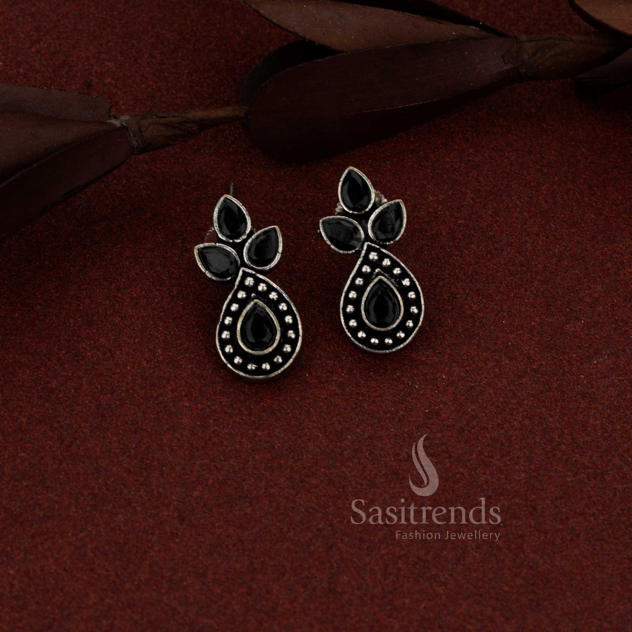 Oxidised Silver Trifoliate Teardrop Stone Stud Earrings for Brunches, Gallery Visits, and Evening Walks - Image 2